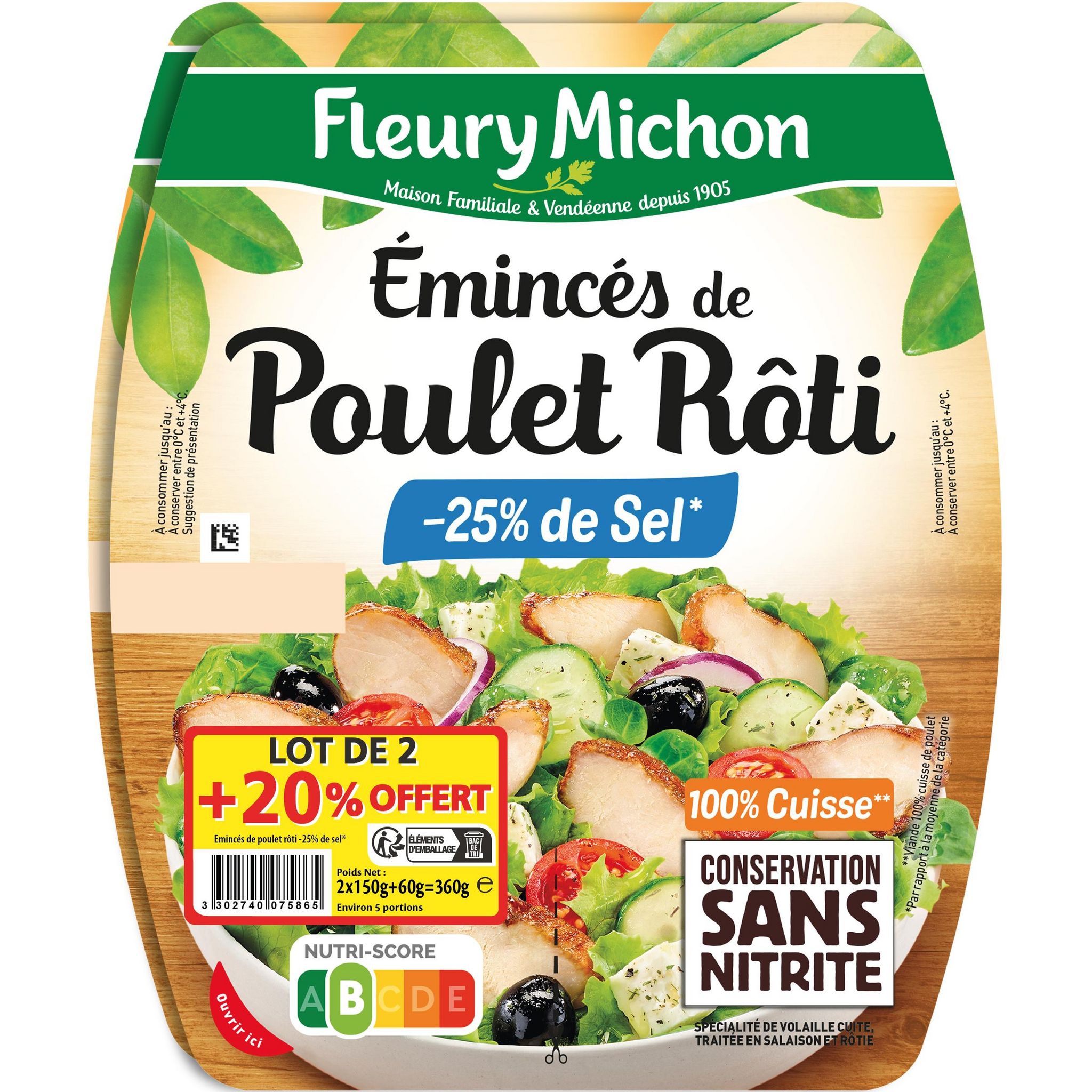 FLEURY MICHON Emincés de poulet rôti -25% de sel sans nitrite Lot de 2x150g + 20% offert 360 g