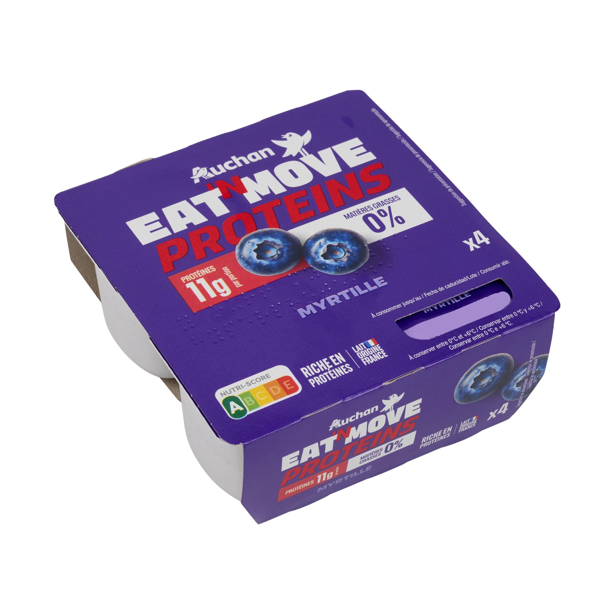 Voir la diapositive 2 : AUCHAN EAT'N MOVE Yaourt protéiné myrtille 4x120g