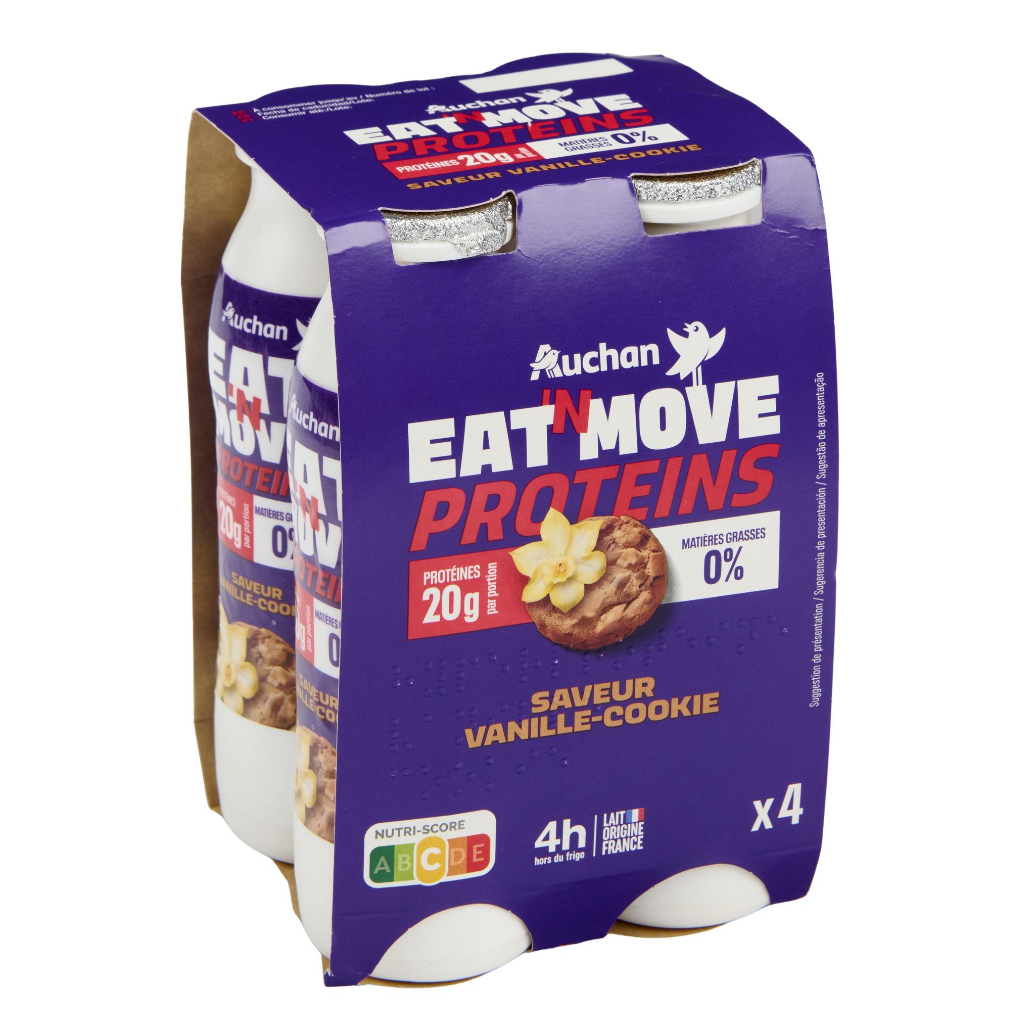 Voir la diapositive 3 : AUCHAN EAT'N MOVE Eat'n move yaourt à boire protéiné saveur vanille cookie 4x190g