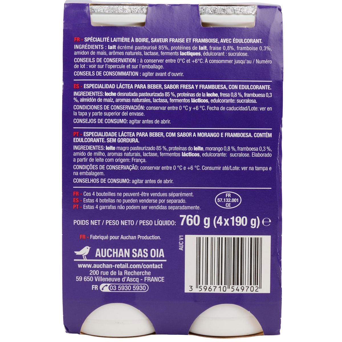 AUCHAN EAT'N MOVE Eat'n move yaourt à boire saveur fraise framboise 4x190g