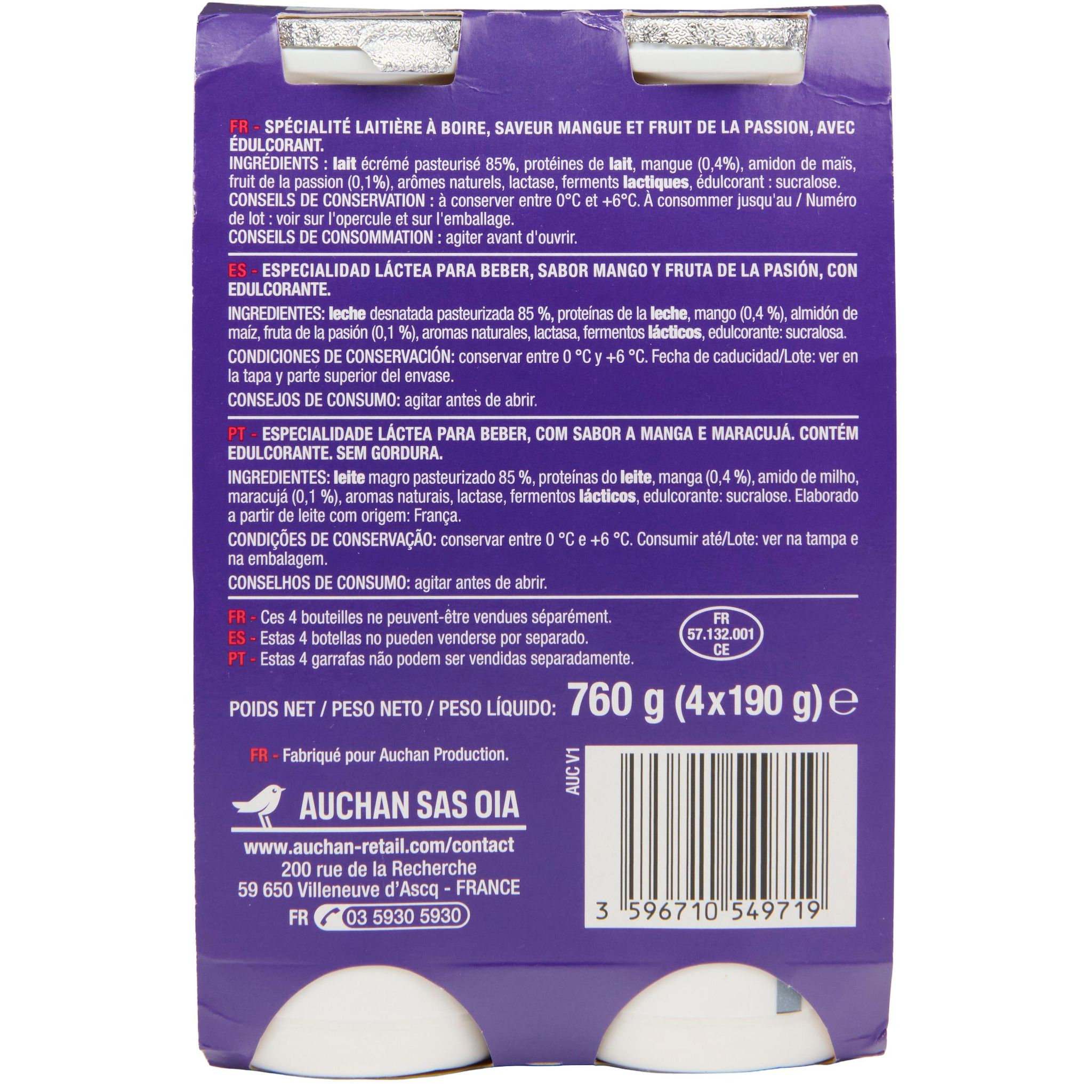 Voir la diapositive 4 : AUCHAN EAT'N MOVE Eat'n move yaourt à boire protéiné mangue passion 4x190g