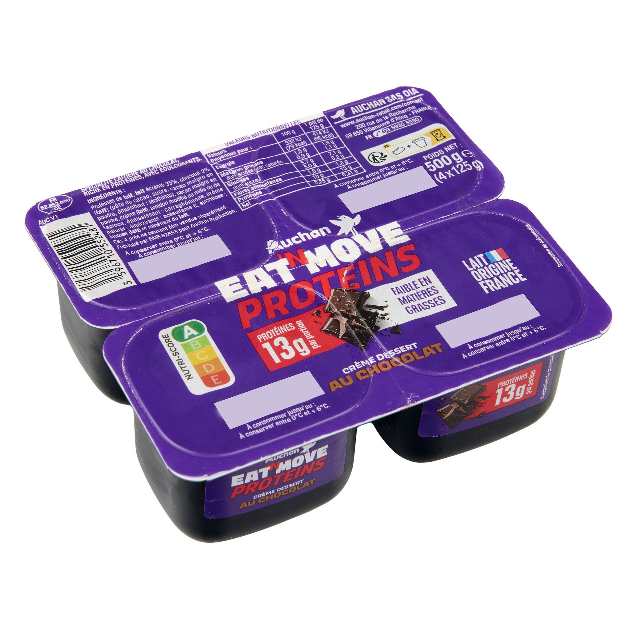 Voir la diapositive 2 : AUCHAN EAT'N MOVE Crème dessert protéinée au chocolat 4x125g