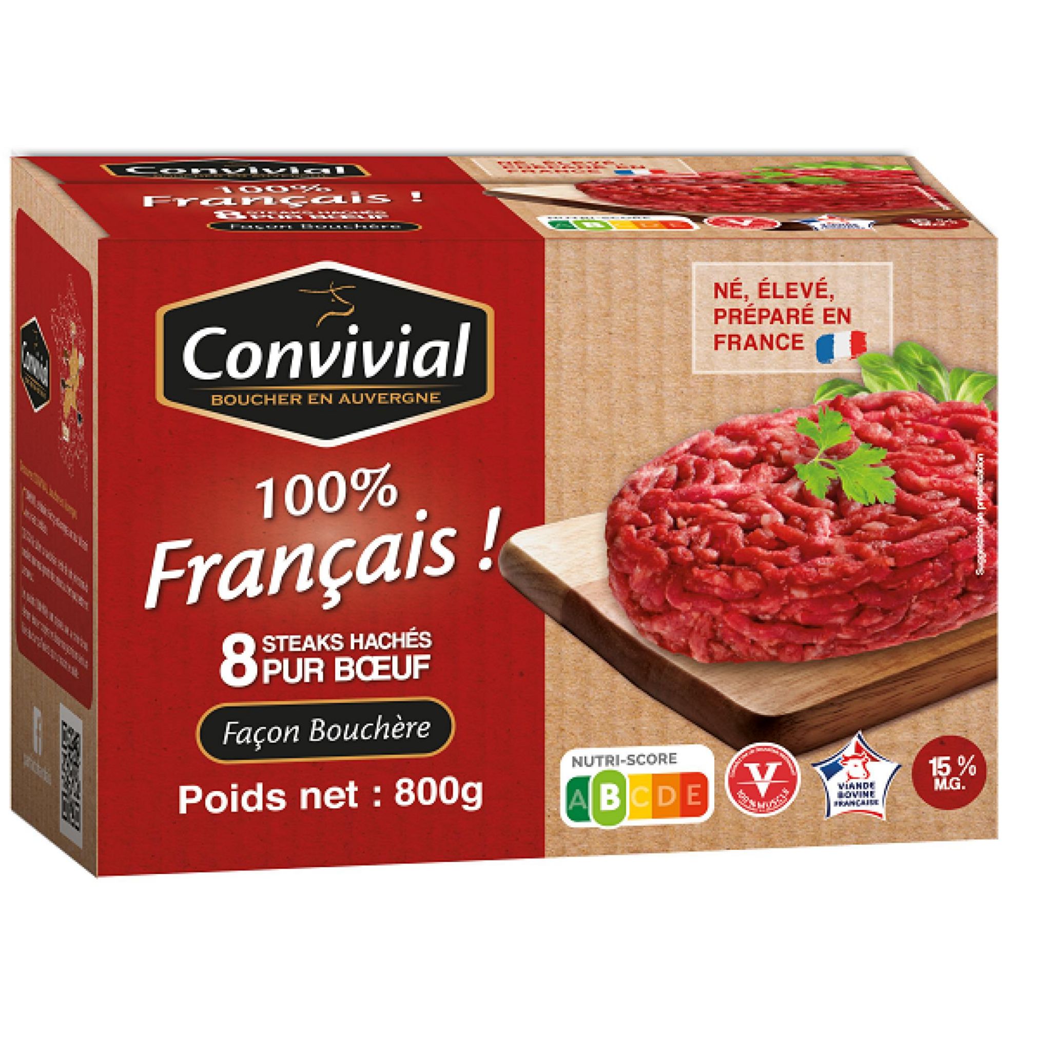 Voir la diapositive 2 : CONVIVIAL Steak haché pur boeuf façon bouchère 15%MG 8 pièces 8x100g