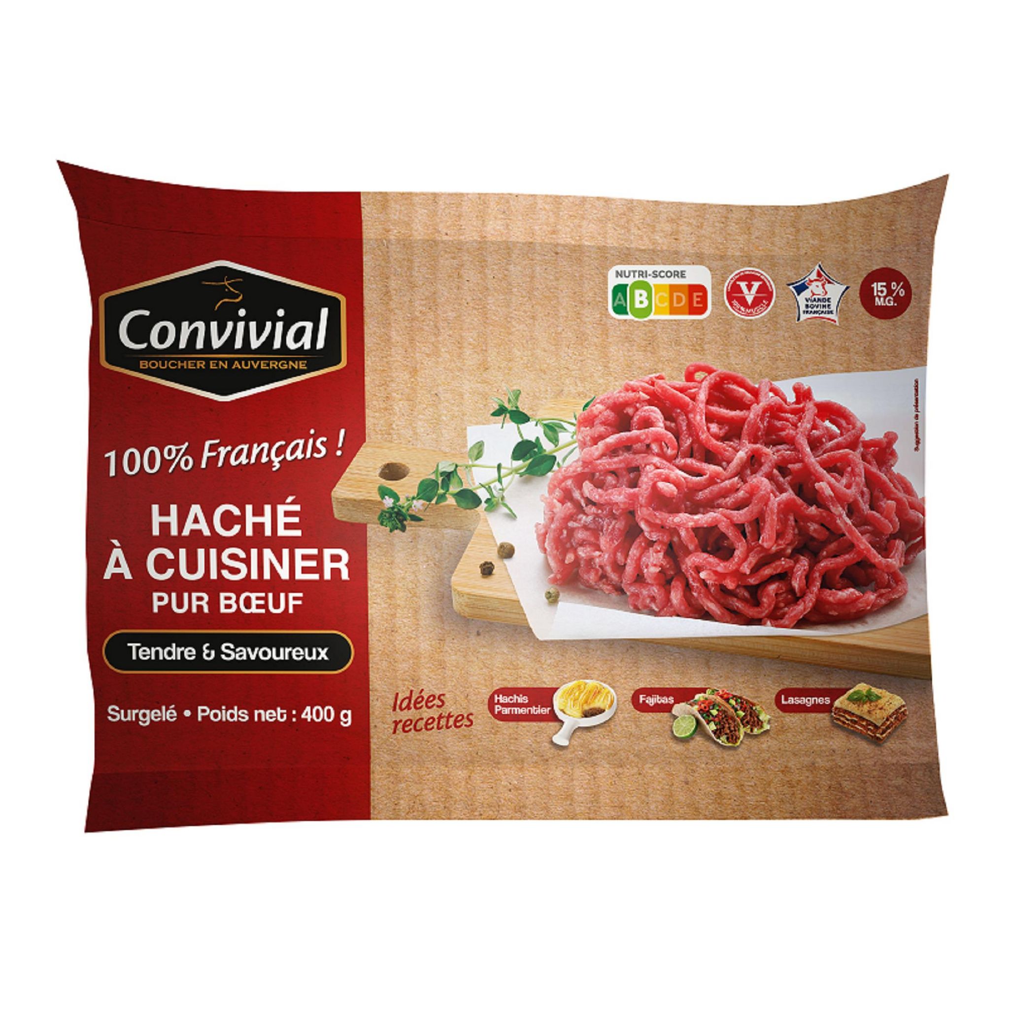 Voir la diapositive 2 : CONVIVIAL Viande hachée de boeuf 15%MG surgelé 1 pièce 400g