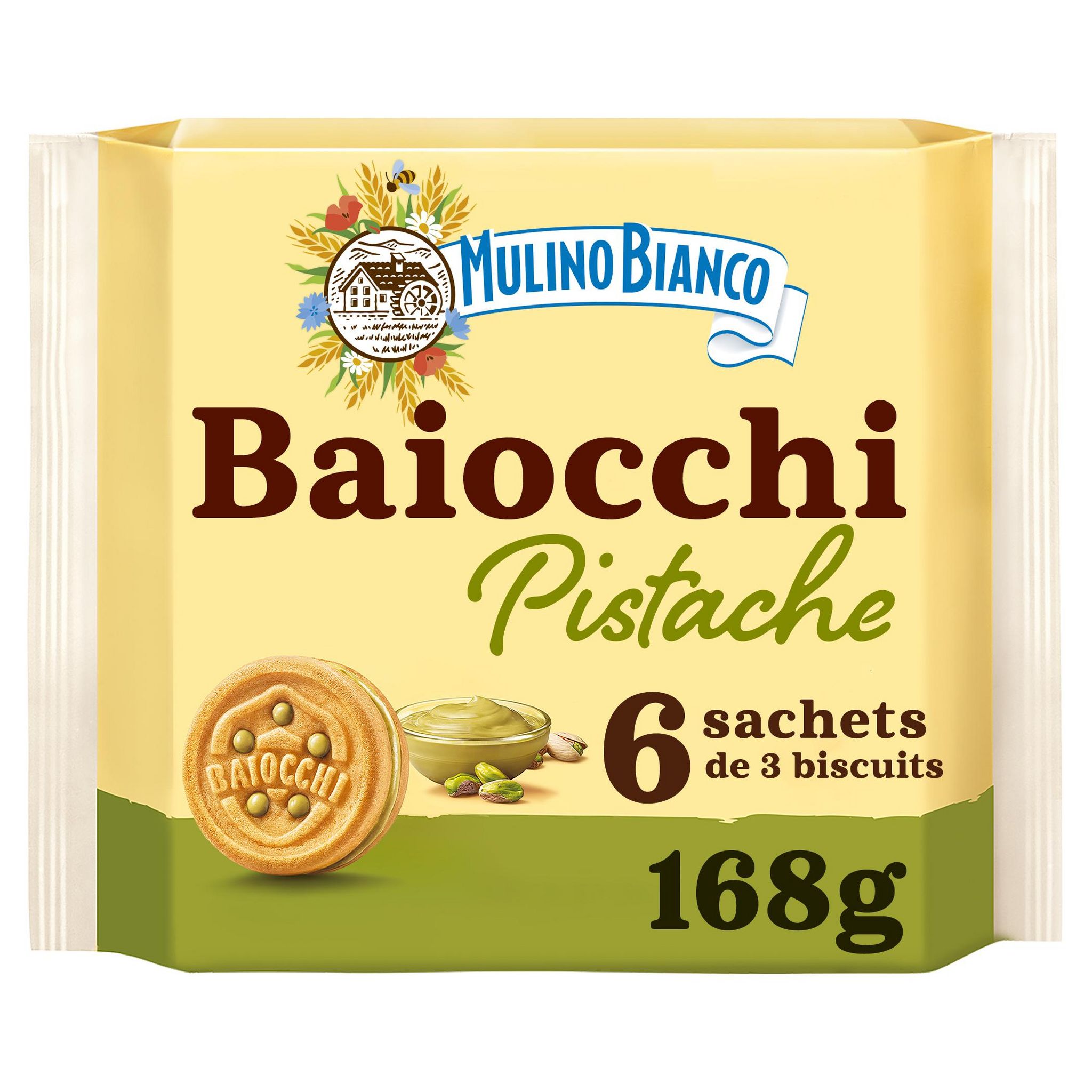 MULINO BIANCO Biscuits baiocchi fourrés à la crème de pistache 6x3 biscuits 168g