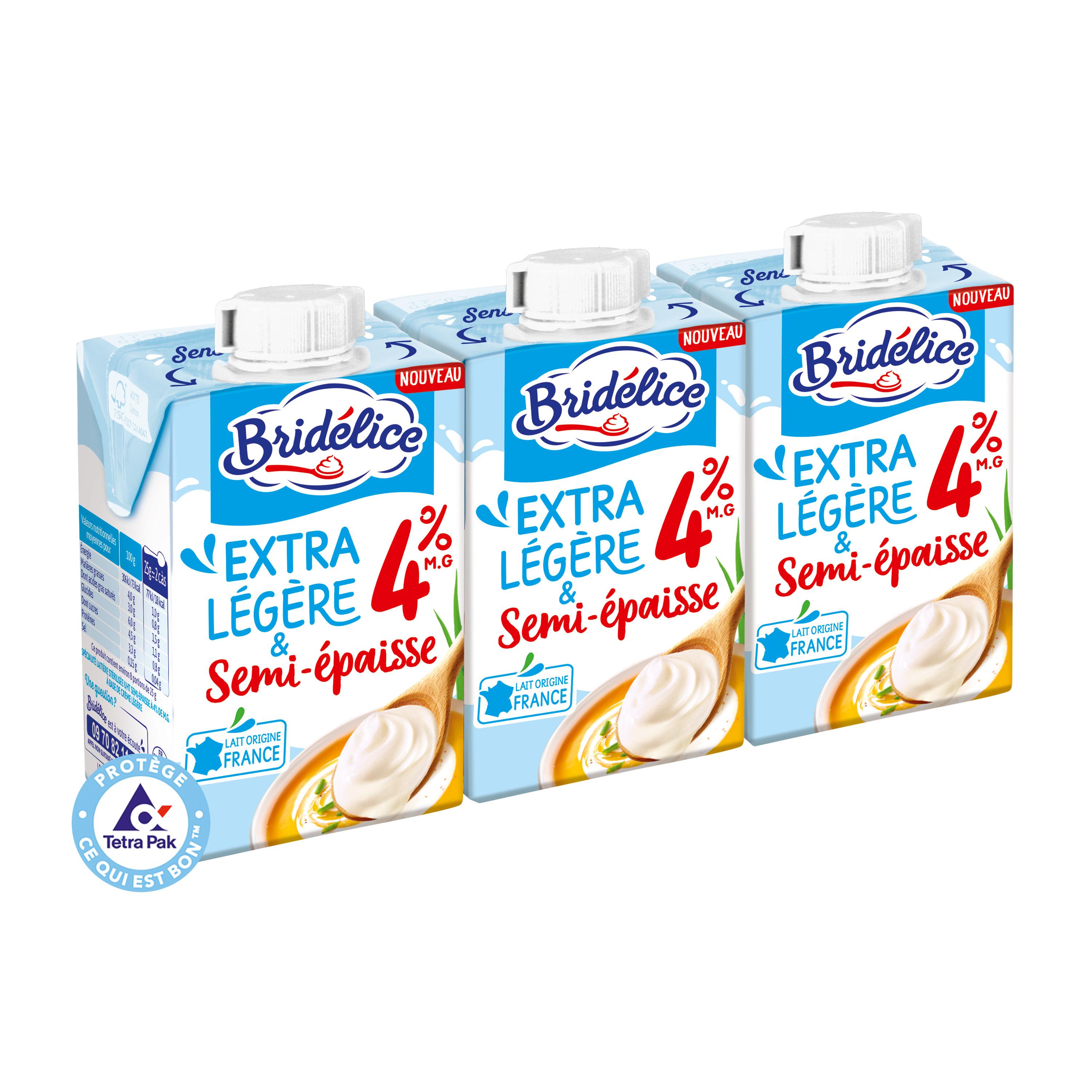 Voir la diapositive 2 : BRIDELICE Spécialité laitière extra légère et semi-épaisse 4%MG 3x20cl