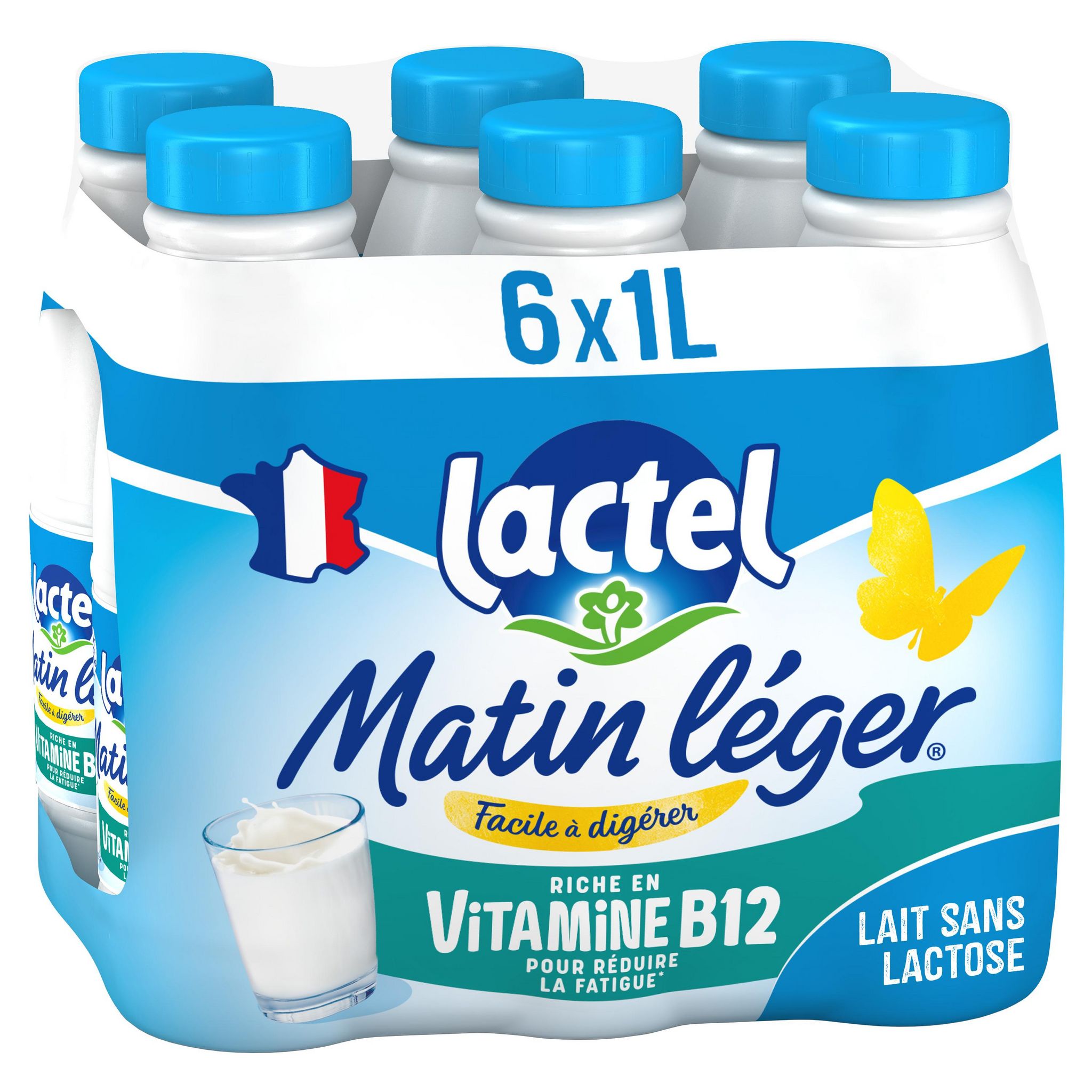 LACTEL Matin léger lait sans lactose demi-écrémé enrichi en vitamine B12 6x1l