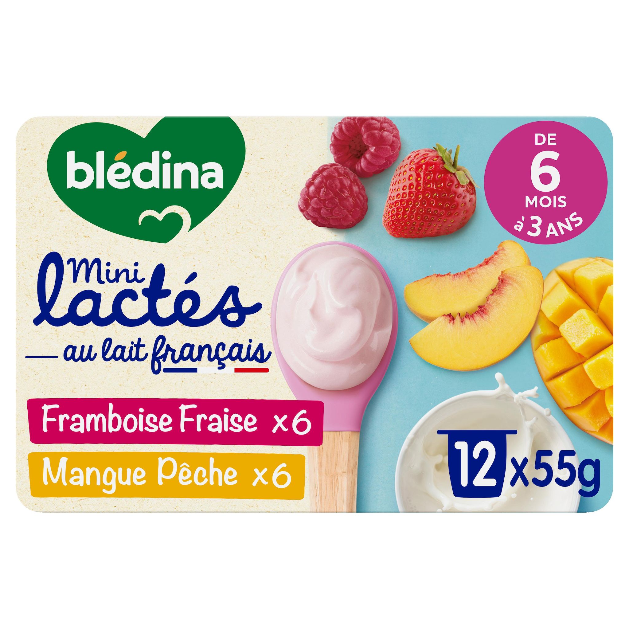 Voir la diapositive 2 : BLEDINA Dessert lactés bébé fraise framboise mangue pêche dès 6 mois 12x55g