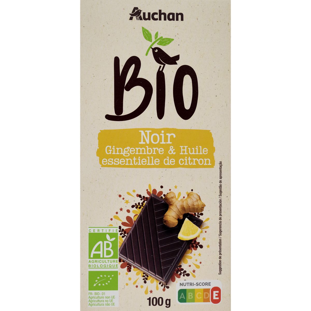 AUCHAN BIO CULTIVONS LE BON Tablette de chocolat noir citron gingembre 100g