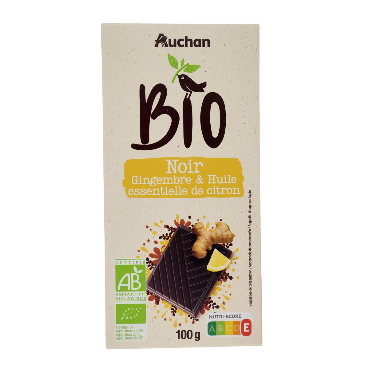 AUCHAN BIO CULTIVONS LE BON Tablette de chocolat noir citron gingembre 100g