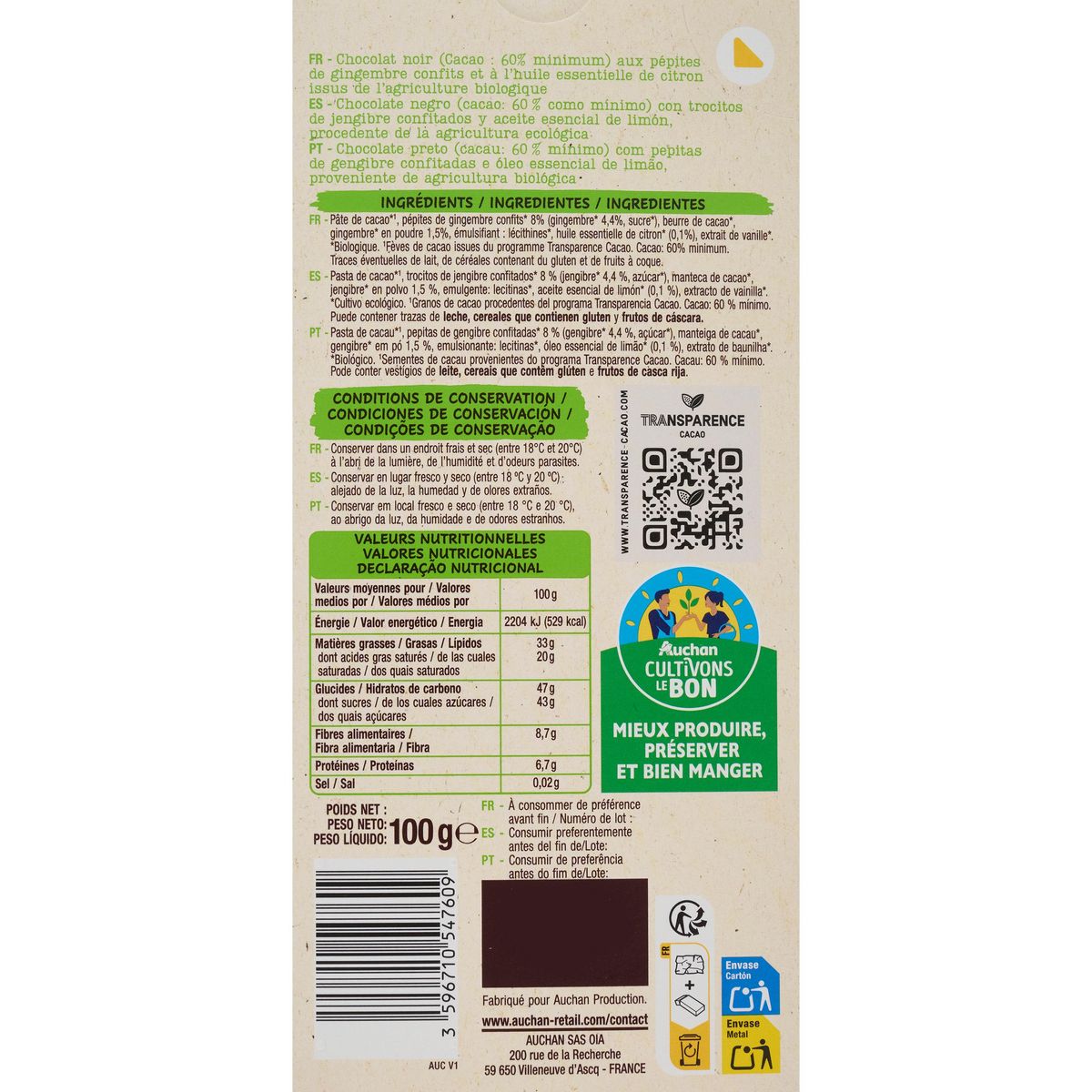 AUCHAN BIO CULTIVONS LE BON Tablette de chocolat noir citron gingembre 100g