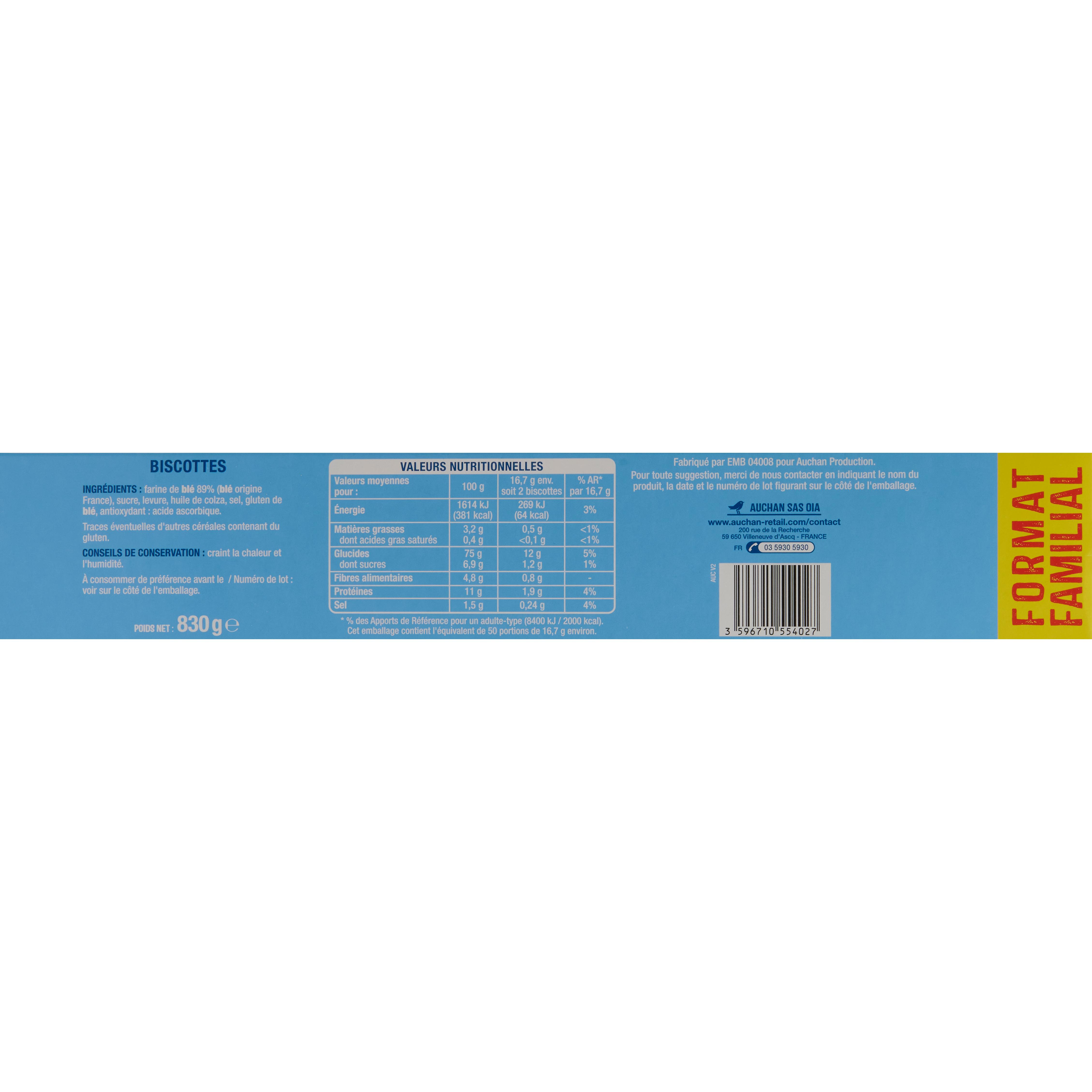 Voir la diapositive 3 : AUCHAN Biscottes au froment 5x20 biscottes 830g