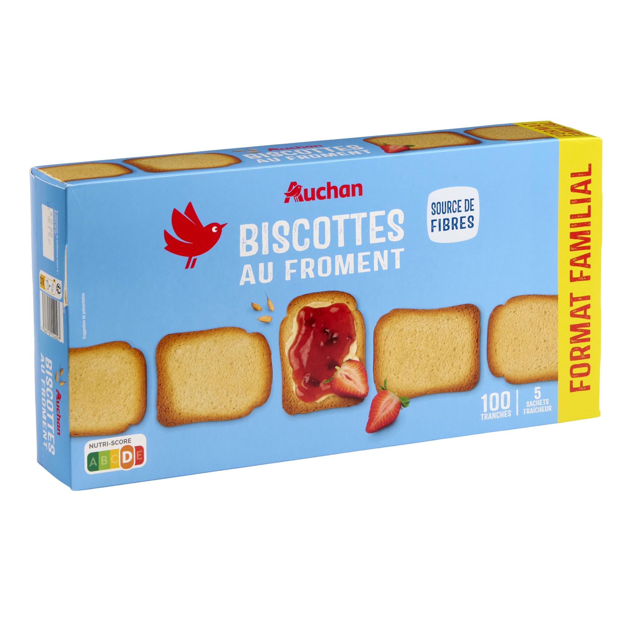 Voir la diapositive 3 : AUCHAN Biscottes au froment 5x20 biscottes 830g