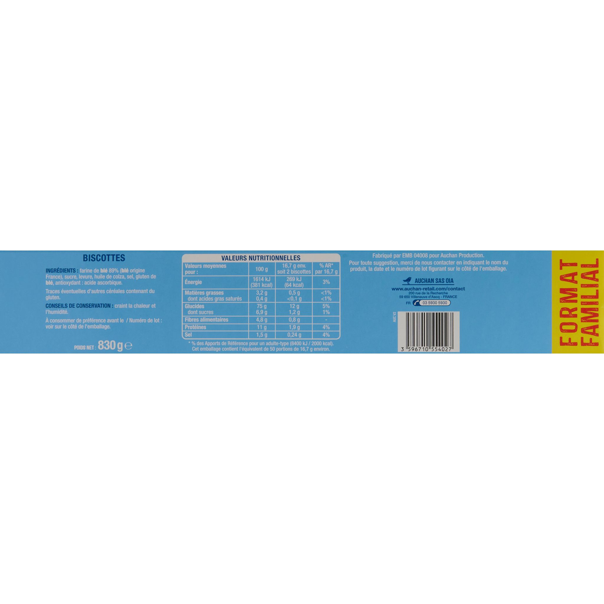 Voir la diapositive 4 : AUCHAN Biscottes au froment 5x20 biscottes 830g