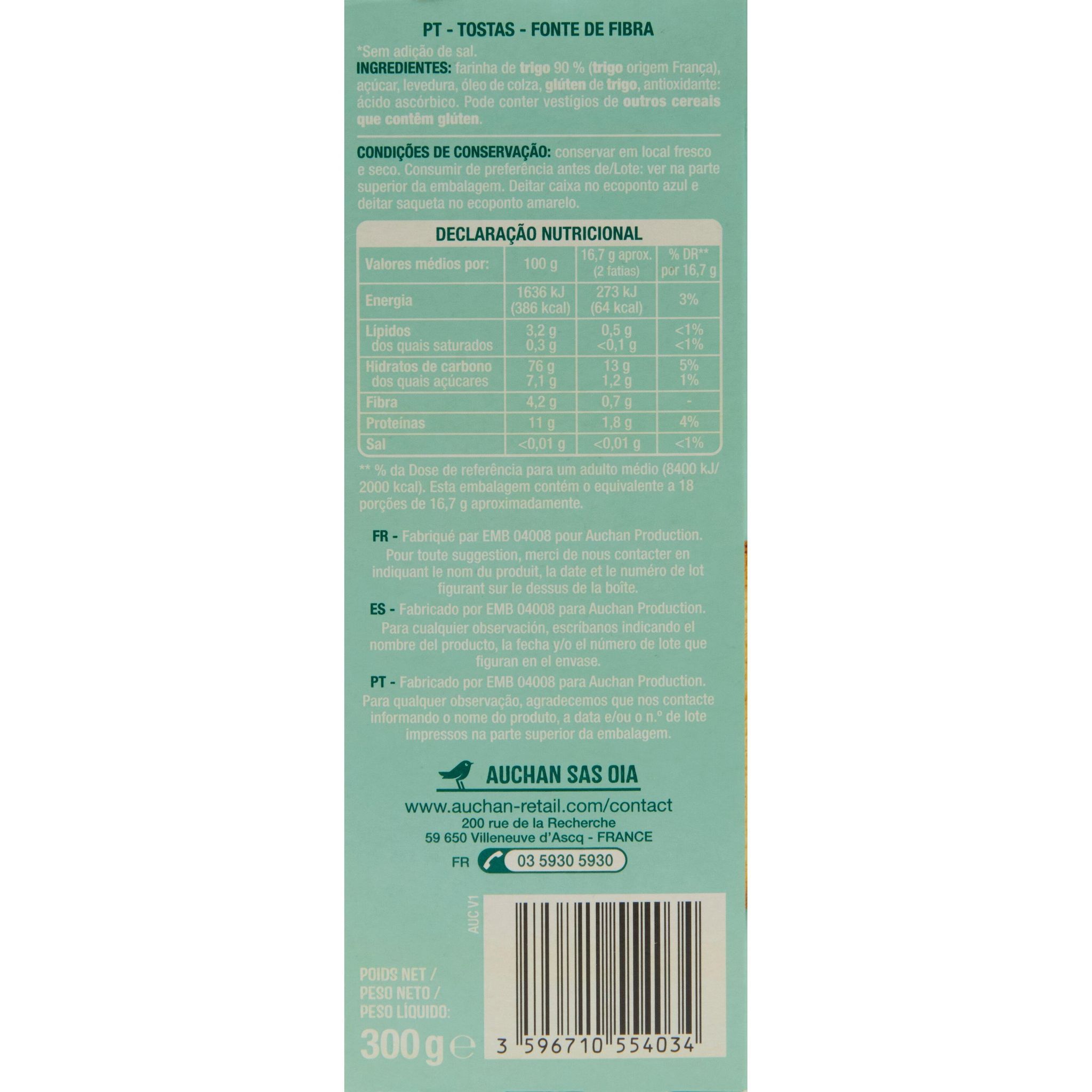 Voir la diapositive 2 : AUCHAN Biscottes sans sel ajoutés 2x18 biscottes 300g