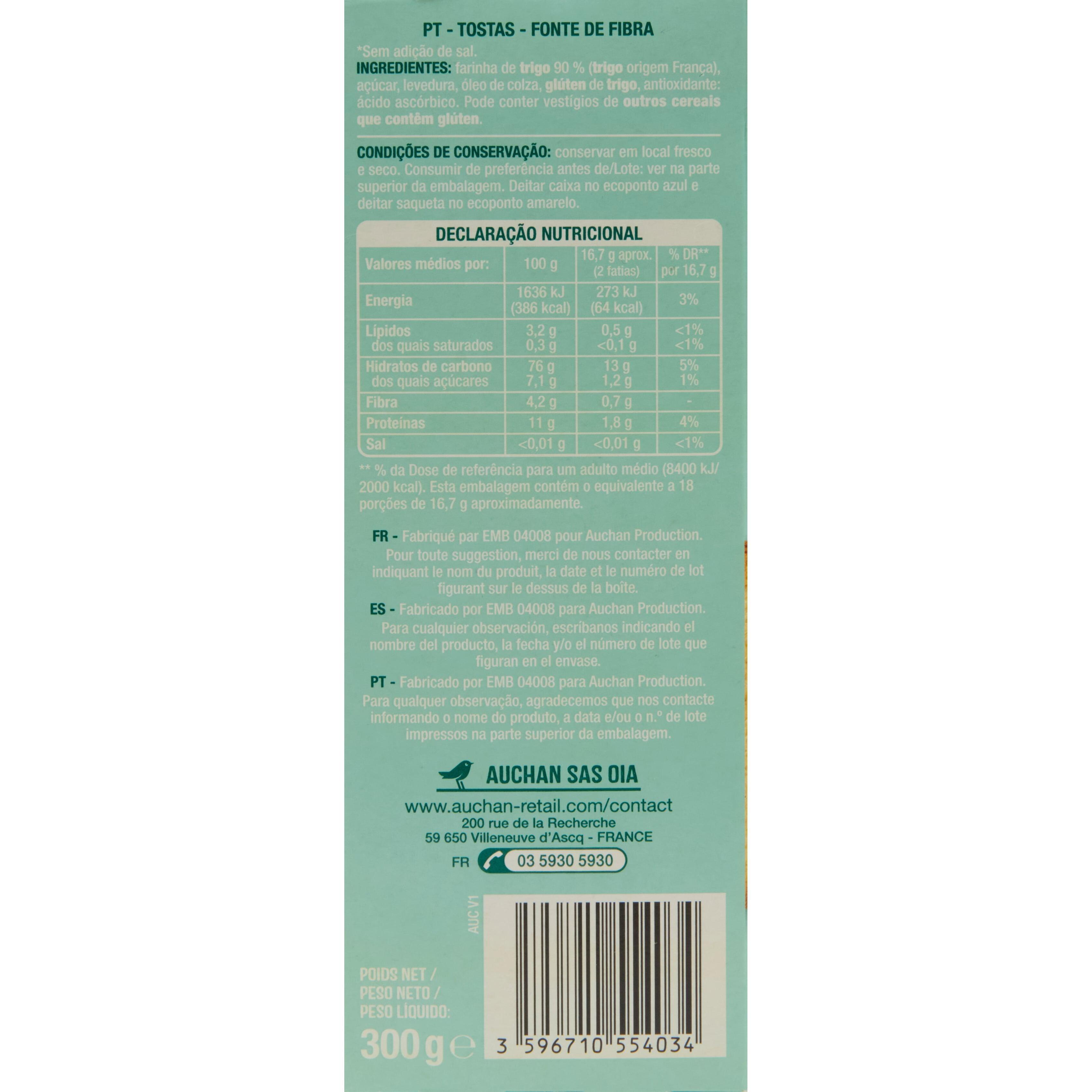 Voir la diapositive 4 : AUCHAN Biscottes sans sel ajoutés 2x18 biscottes 300g