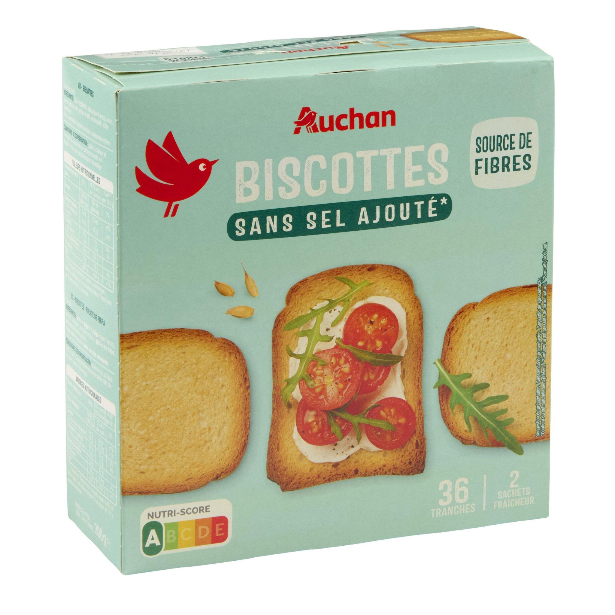 Voir la diapositive 4 : AUCHAN Biscottes sans sel ajoutés 2x18 biscottes 300g