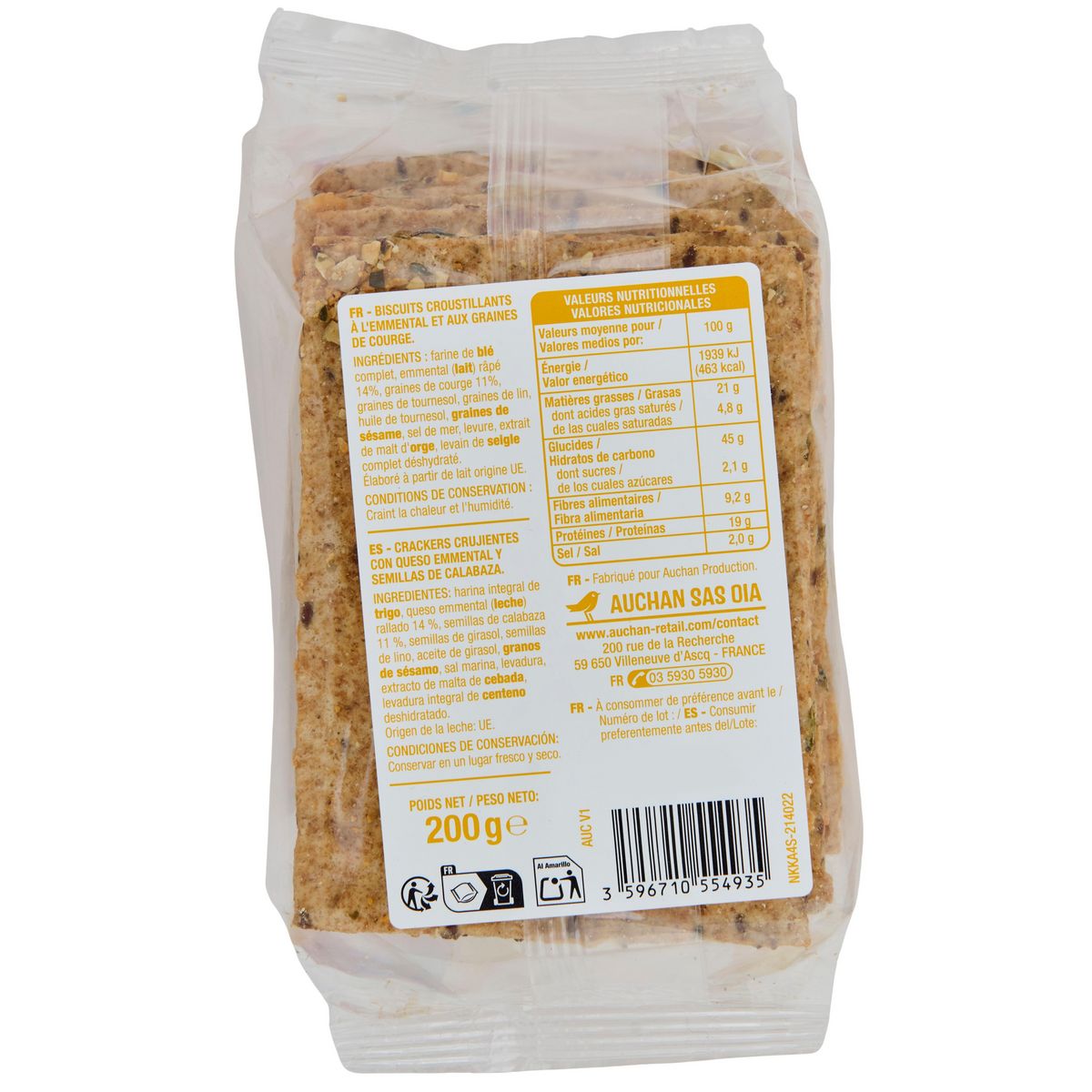 AUCHAN Crackers emmental et graines de courge 8 crackers 200g