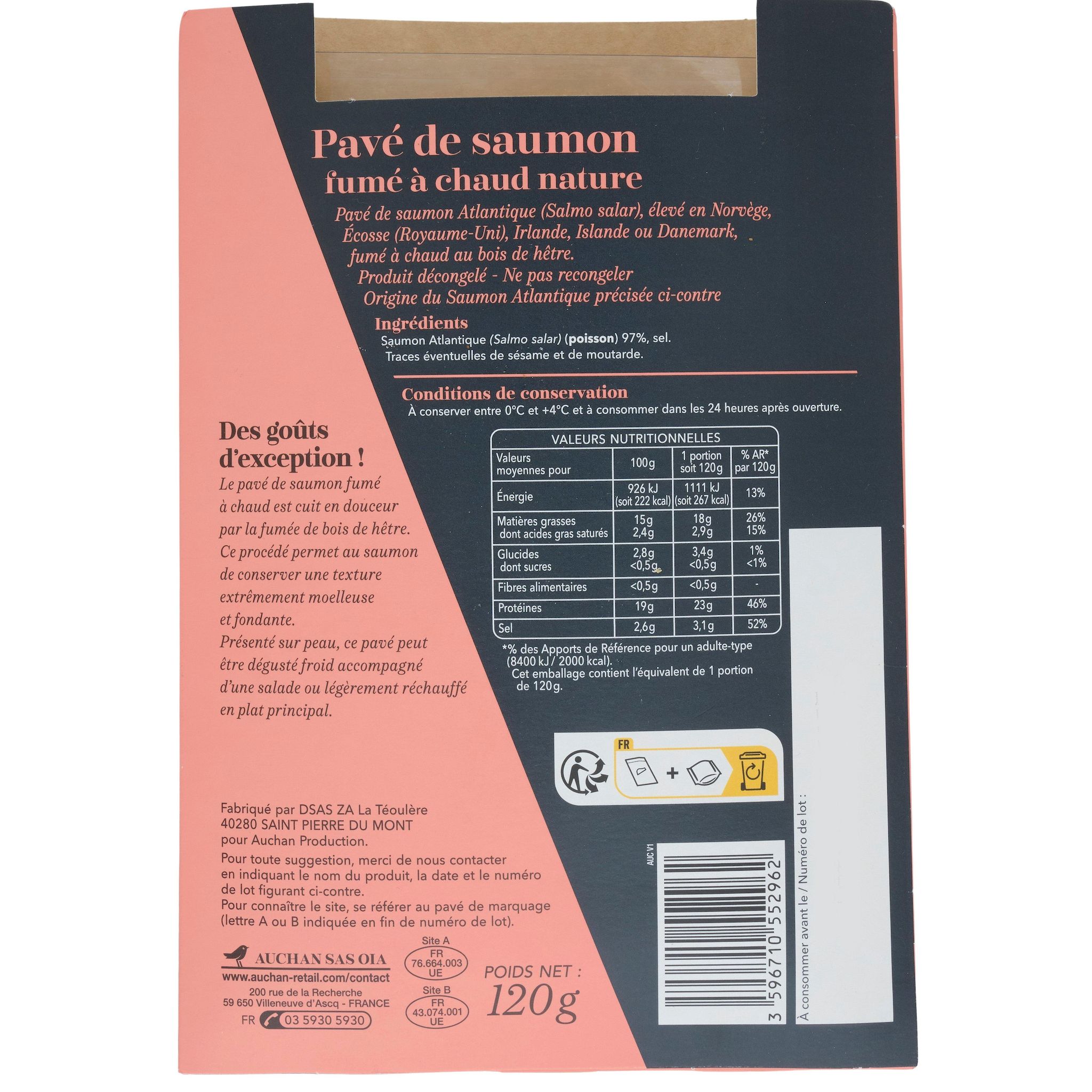 Voir la diapositive 3 : AUCHAN COLLECTION Pavé de saumon fumé à chaud nature 1 pièce 120g