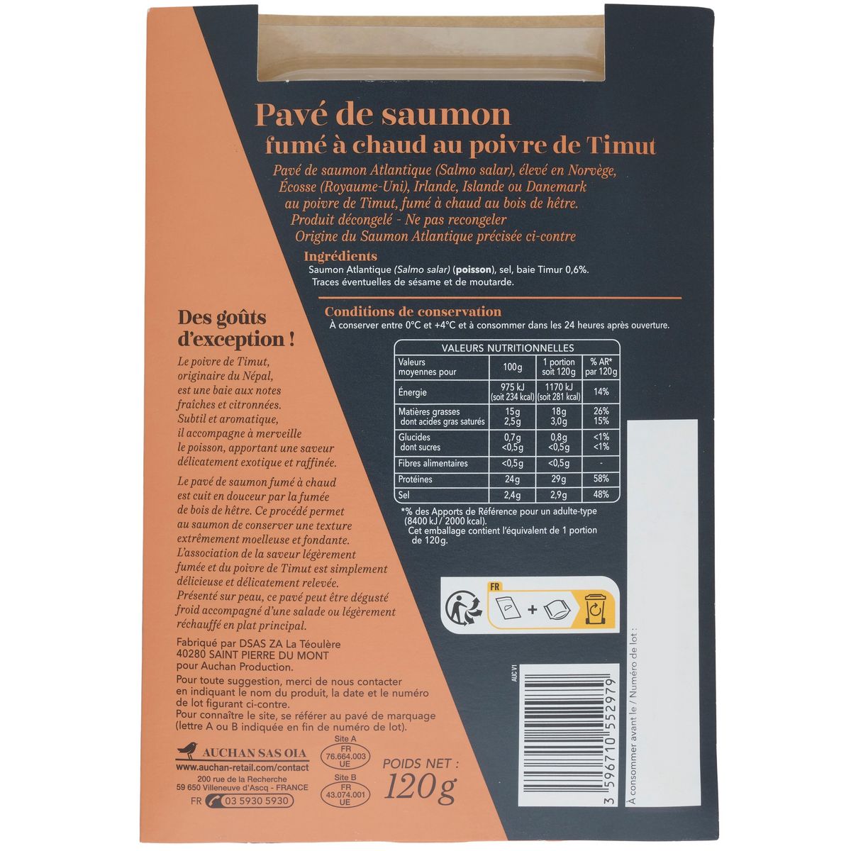 AUCHAN COLLECTION Pavé de saumon fumé à chaud poivre de Timut 120g