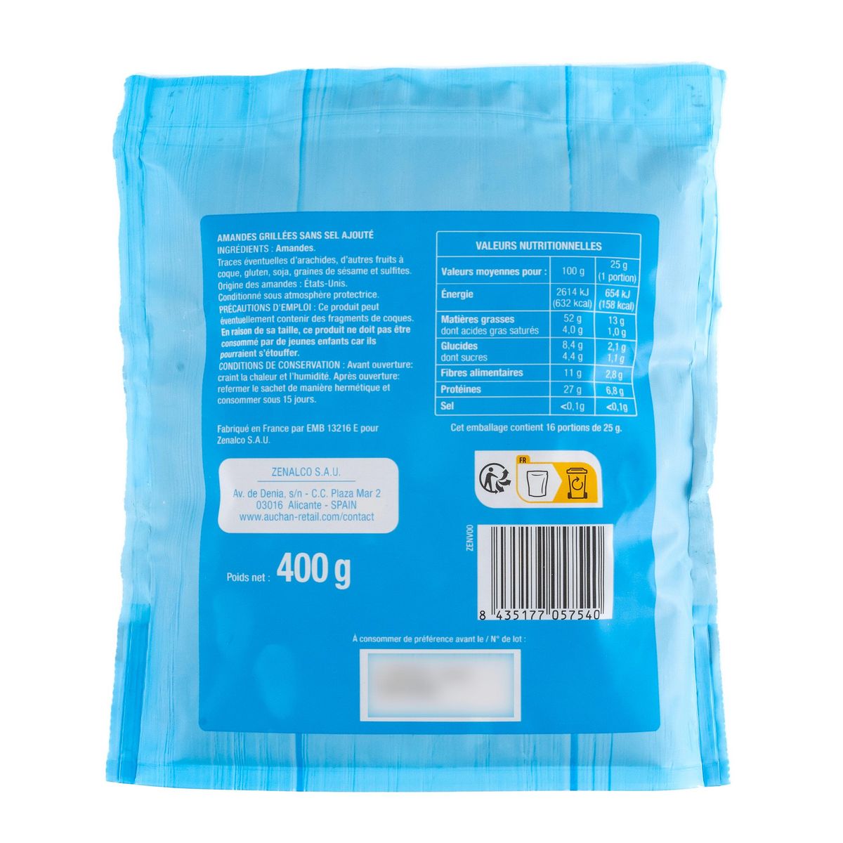 AUCHAN Amandes grillées sans sel ajouté 400g