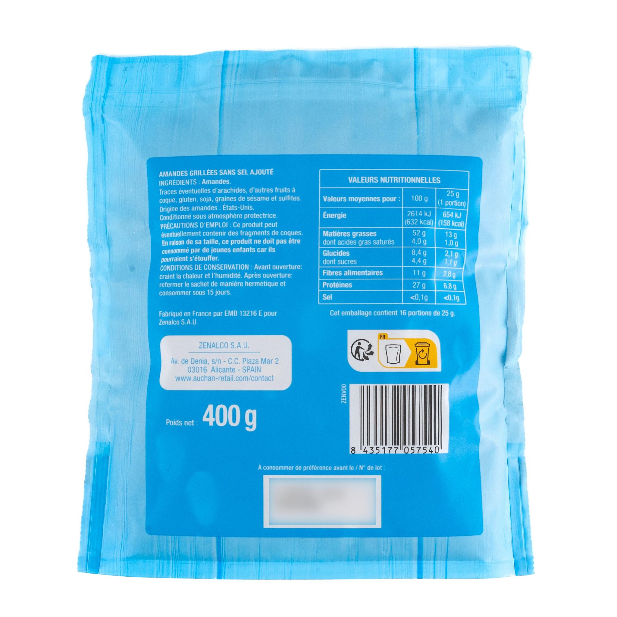 Voir la diapositive 2 : AUCHAN Amandes grillées sans sel ajouté 400g