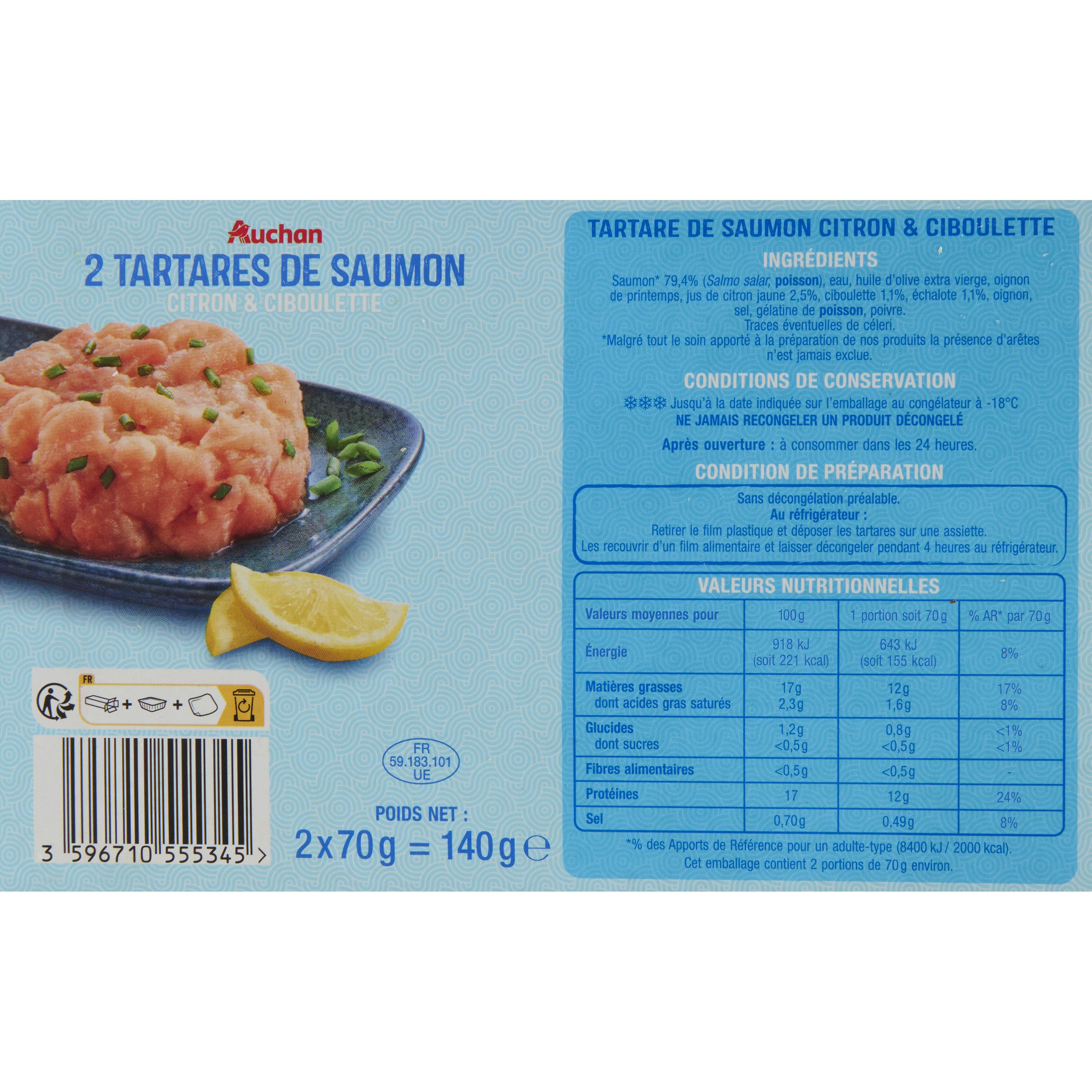Voir la diapositive 2 : AUCHAN Tartare de saumon citron ciboulette 140g