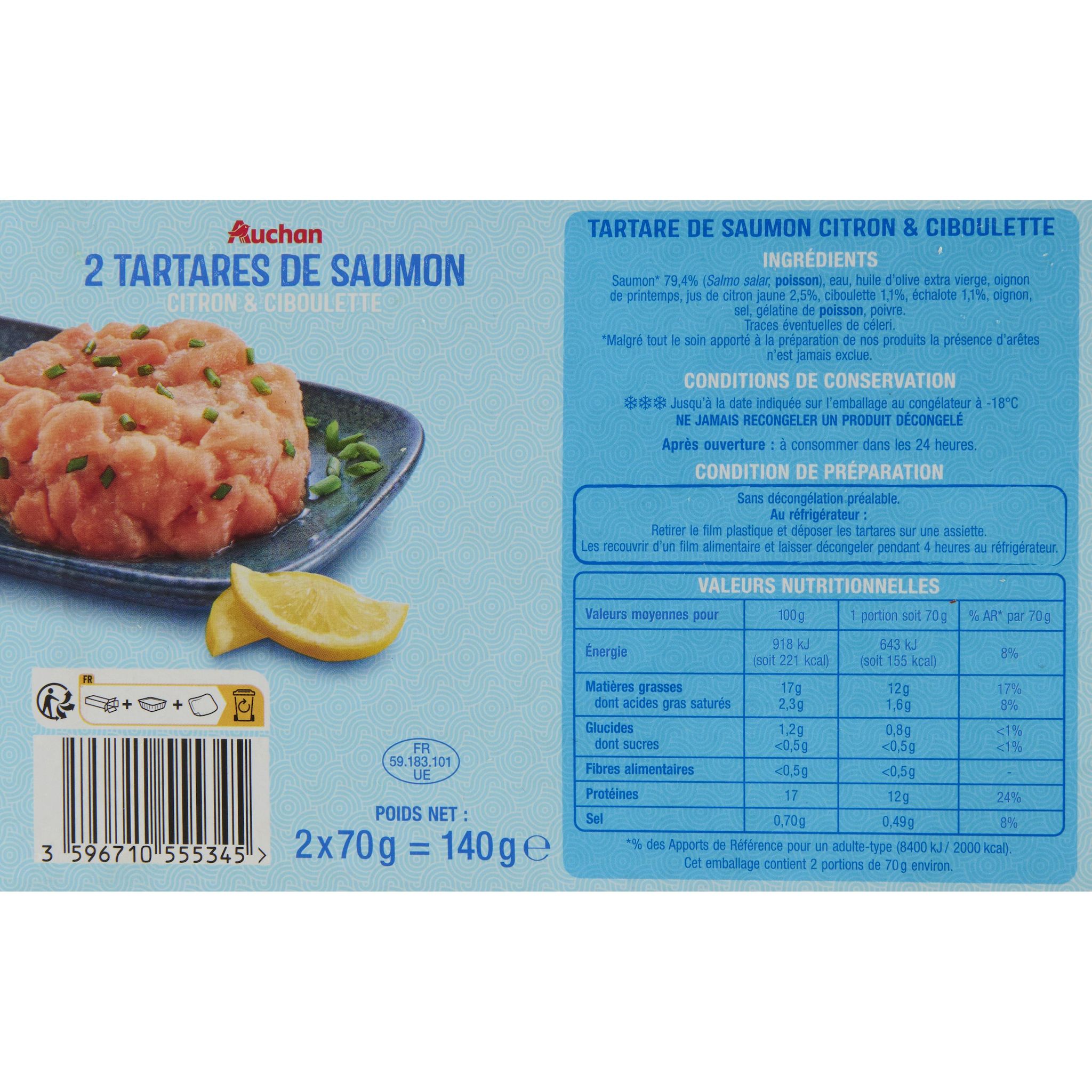 Voir la diapositive 3 : AUCHAN Tartare de saumon citron ciboulette 140g