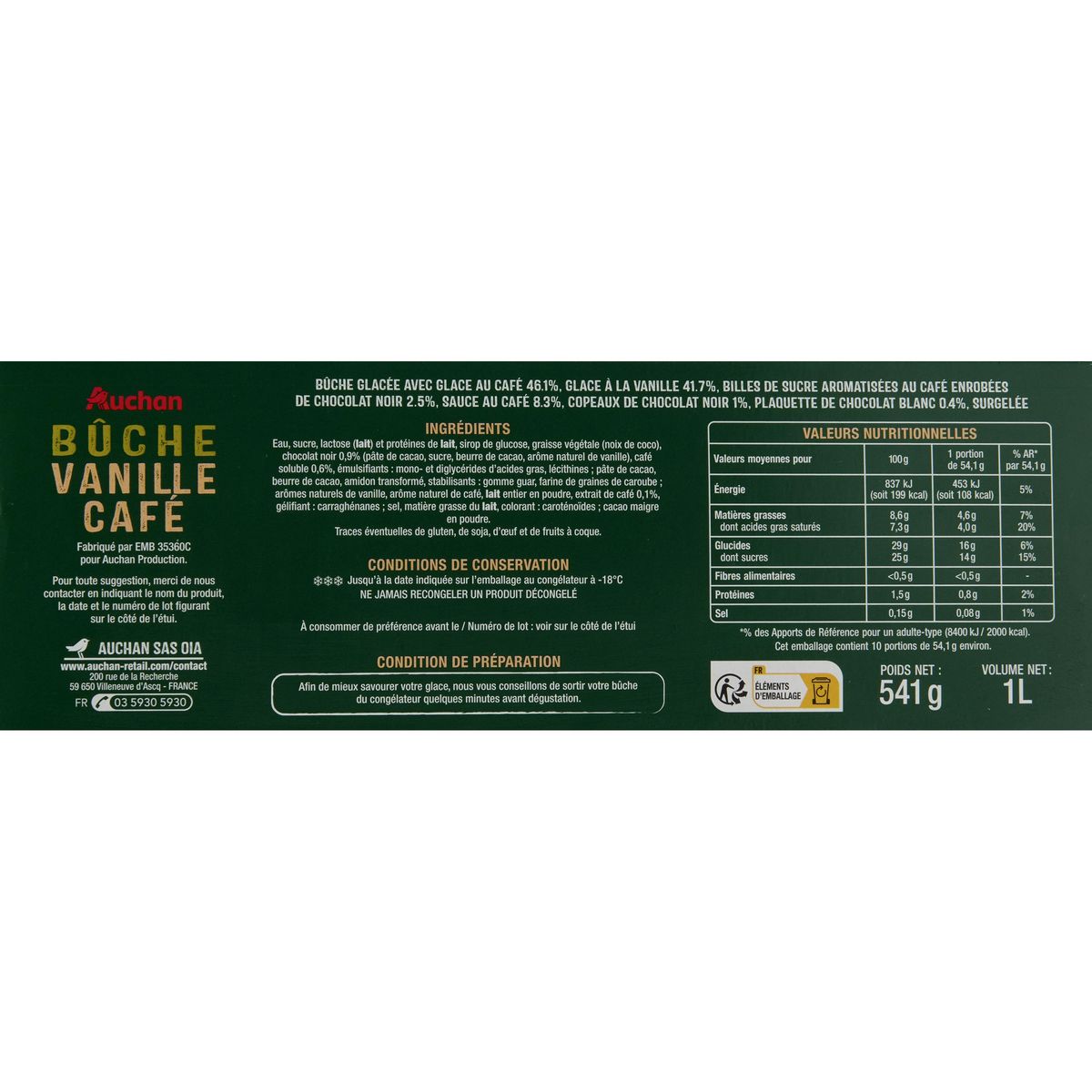 AUCHAN Bûche glacée vanille café 540g