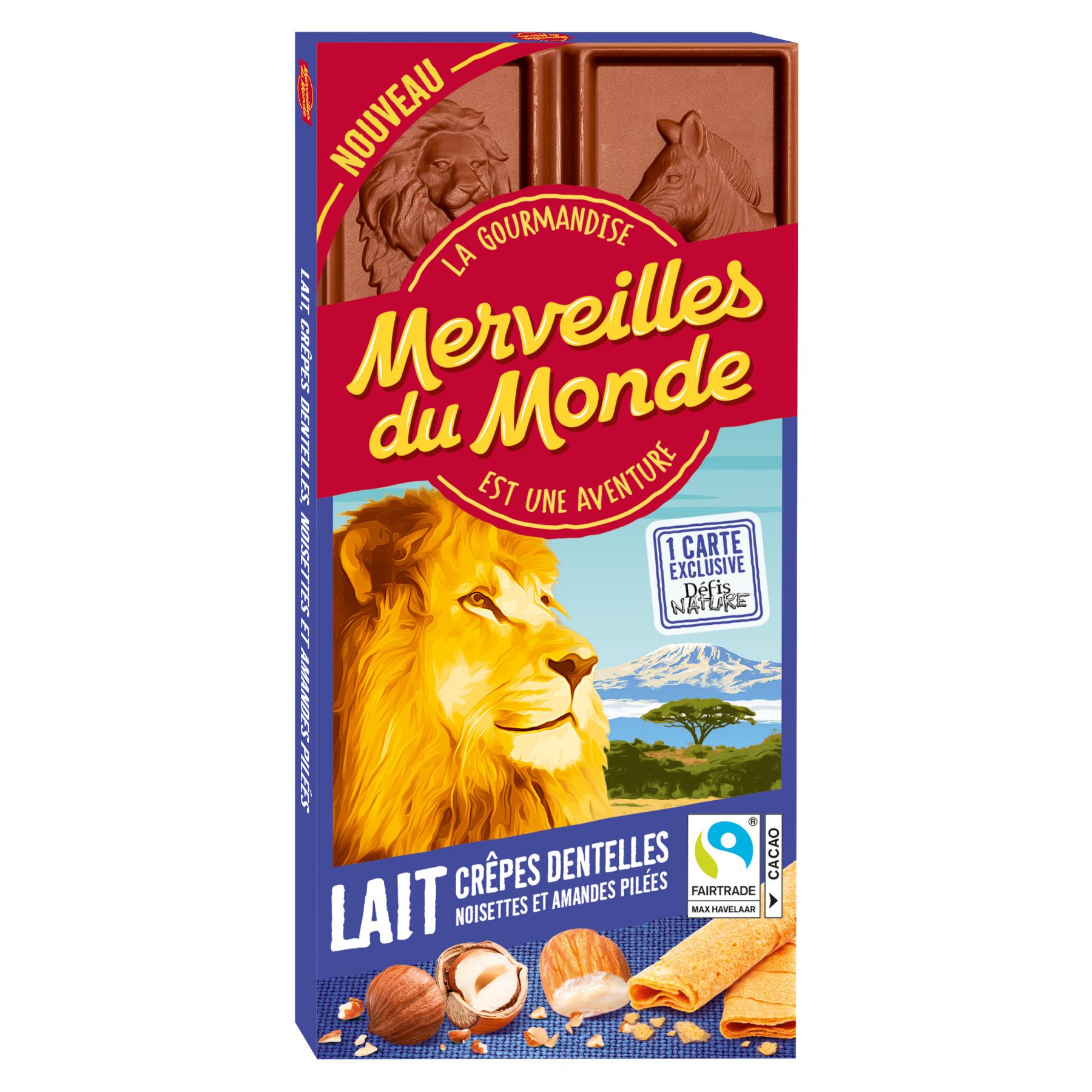 MERVEILLES DU MONDE Tablette de chocolat au lait et crêpes dentelles noisettes et amandes pilées 100g