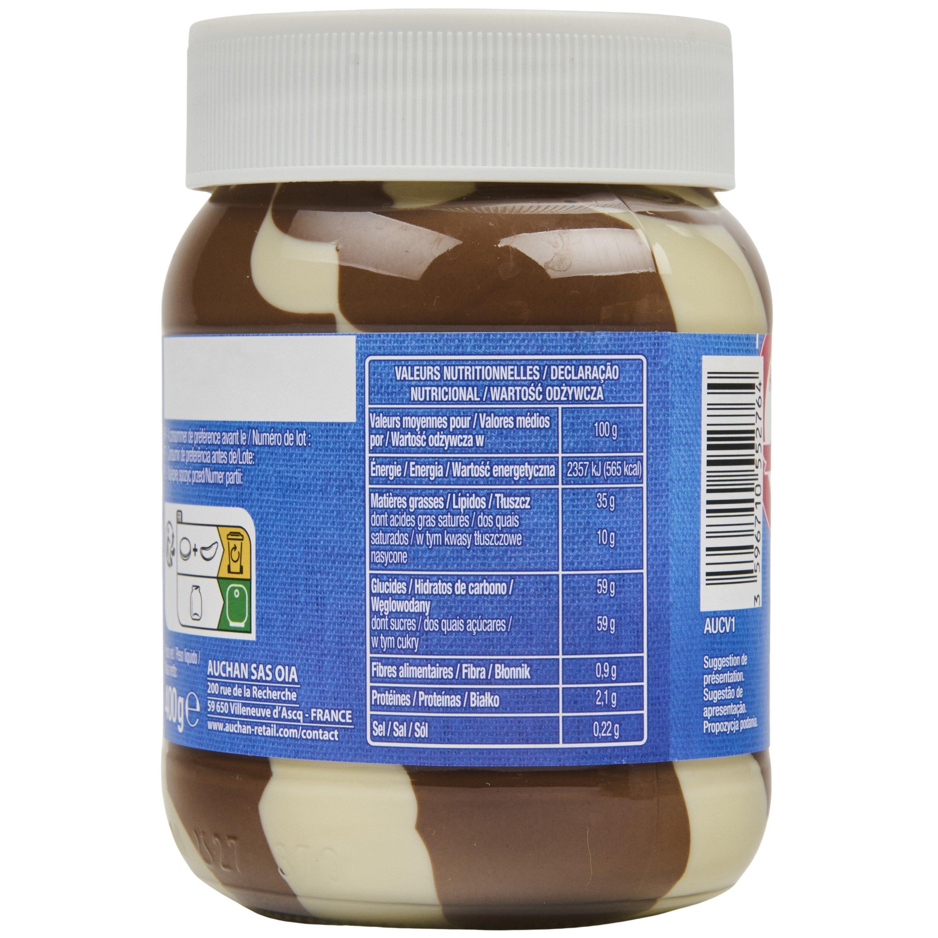 Voir la diapositive 2 : AUCHAN Pâte à tartiner pasta cao duo à la noisette 400g