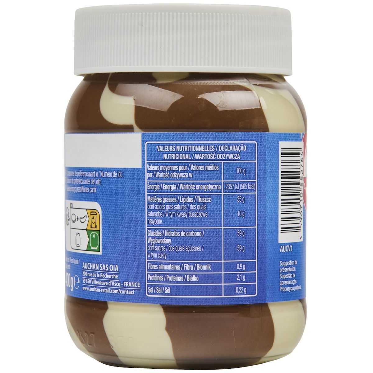 AUCHAN Pâte à tartiner pasta cao duo à la noisette 400g