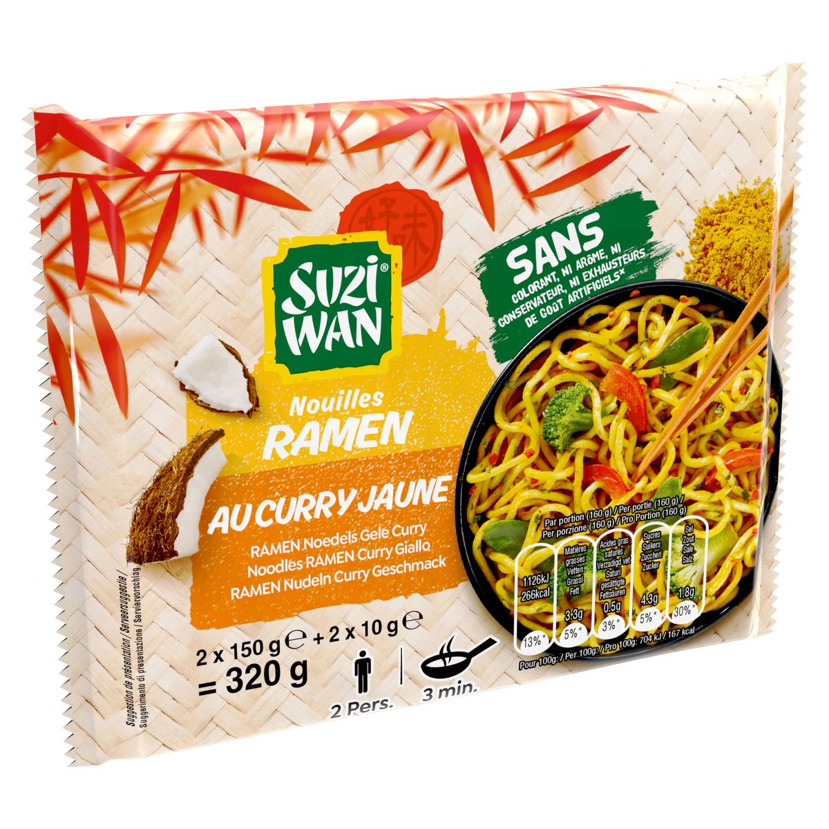 SUZI WAN Nouilles précuites wok ramen curry jaune 2x150g+2x10g