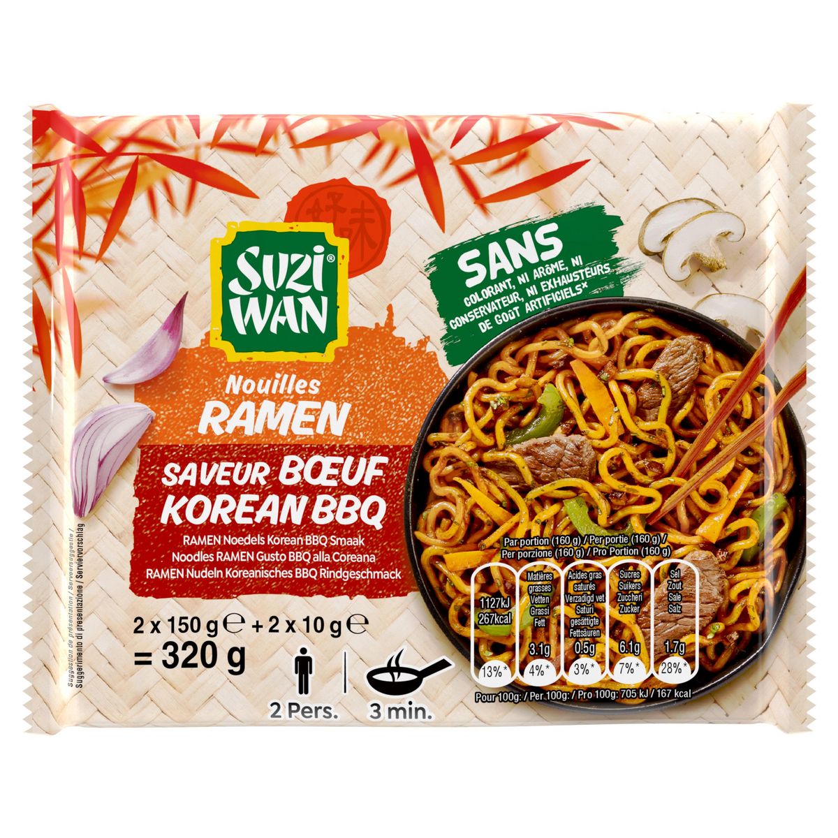 SUZI WAN Nouilles précuites wok ramen Korean BBQ 320g