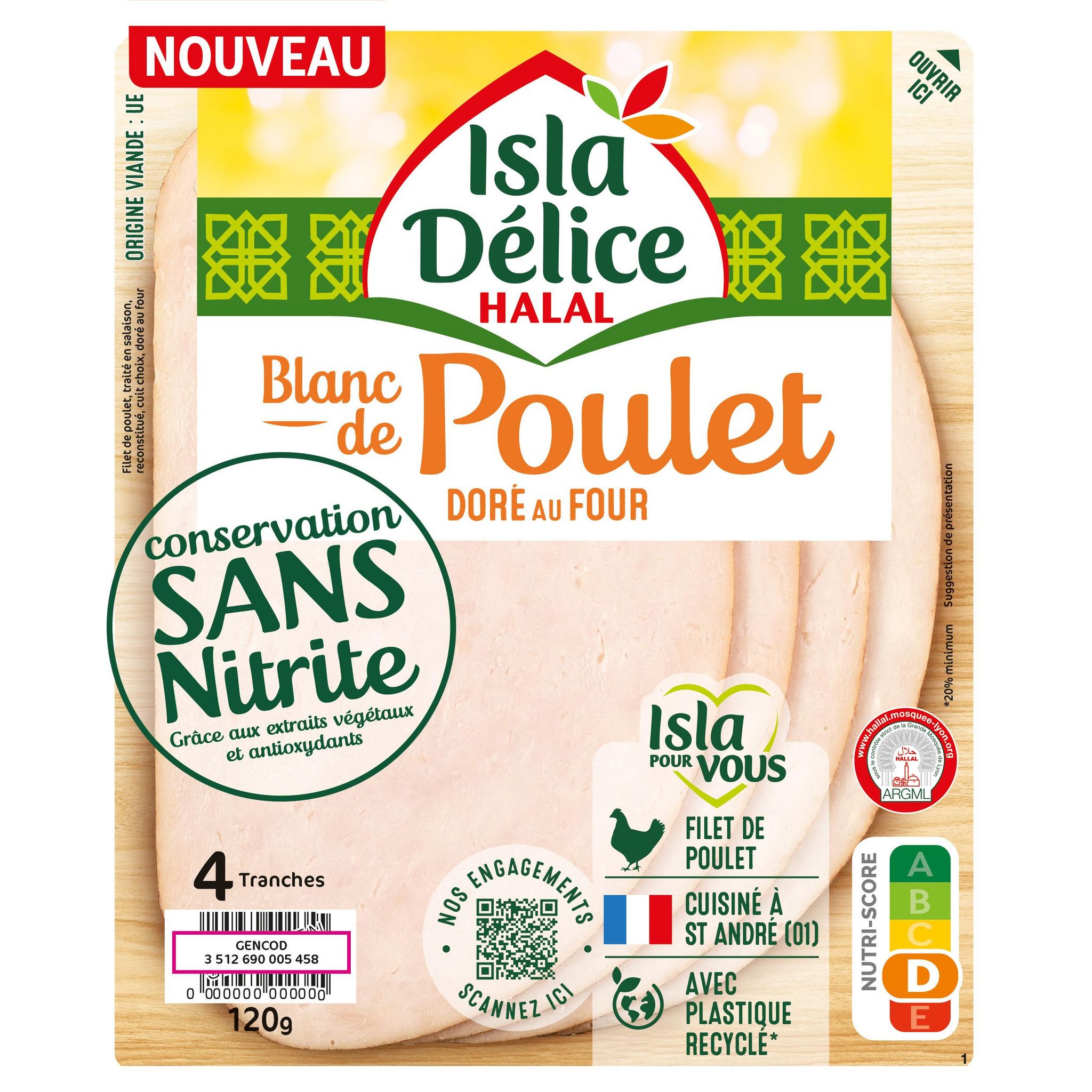 ISLA DELICE Blanc de poulet halal doré au four sans nitrite 4 tranches 120g