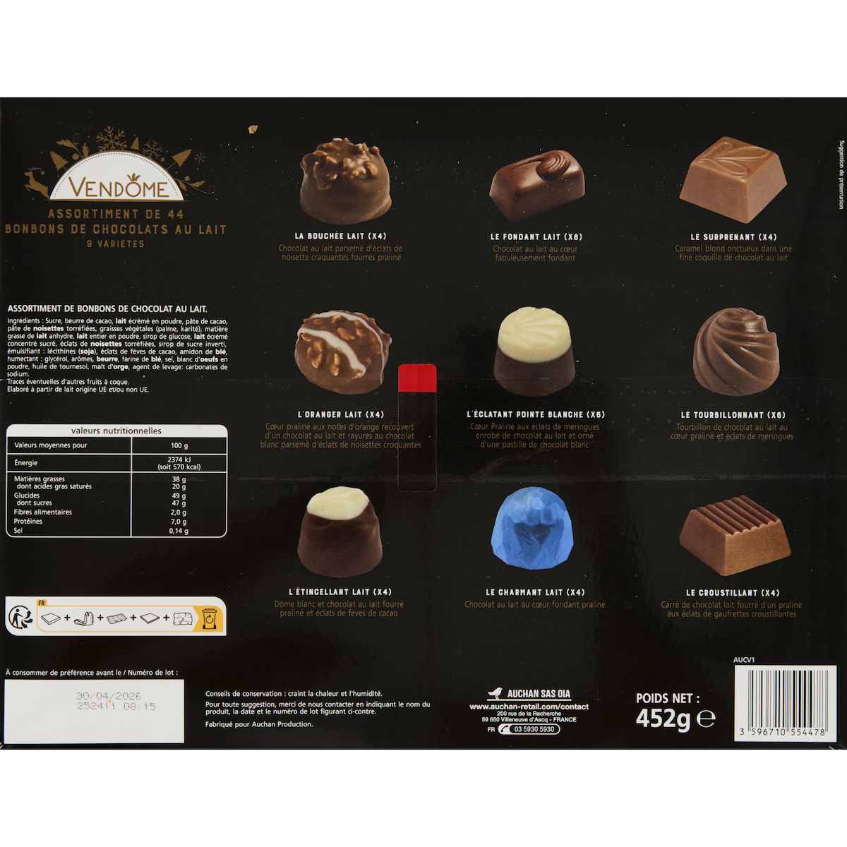 VENDOME Assortiment de chocolats au lait en boîte 452g