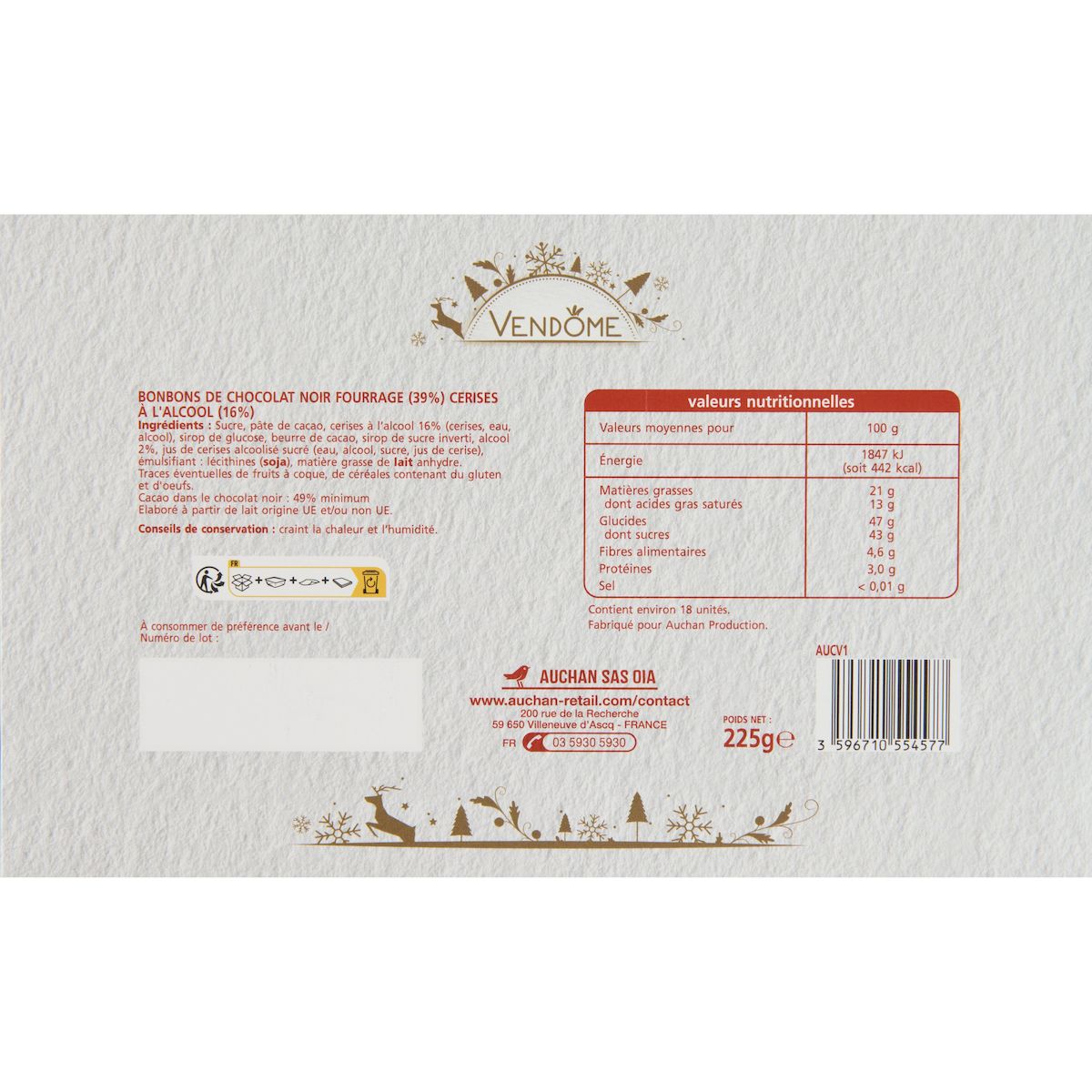 VENDOME Bonbon de chocolat noir fourré cerise à la liqueur 225g