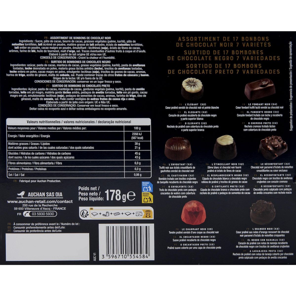 VENDOME Assortiment de bonbons de chocolat noir 178g