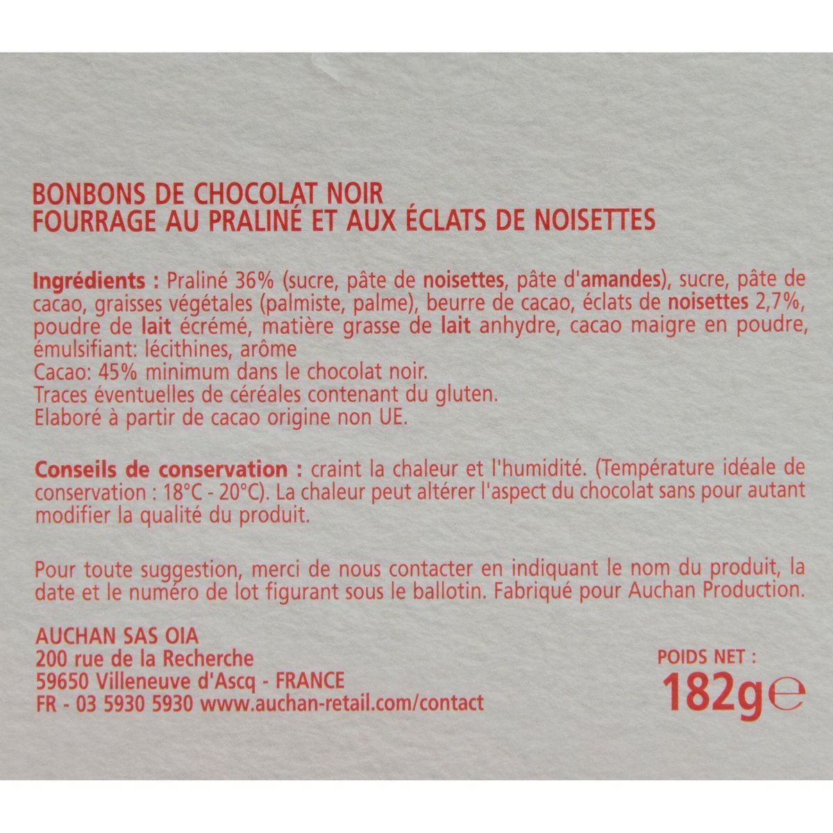 VENDOME Assortiment de chocolats ballotin escargots de chocolat noir intense 182g