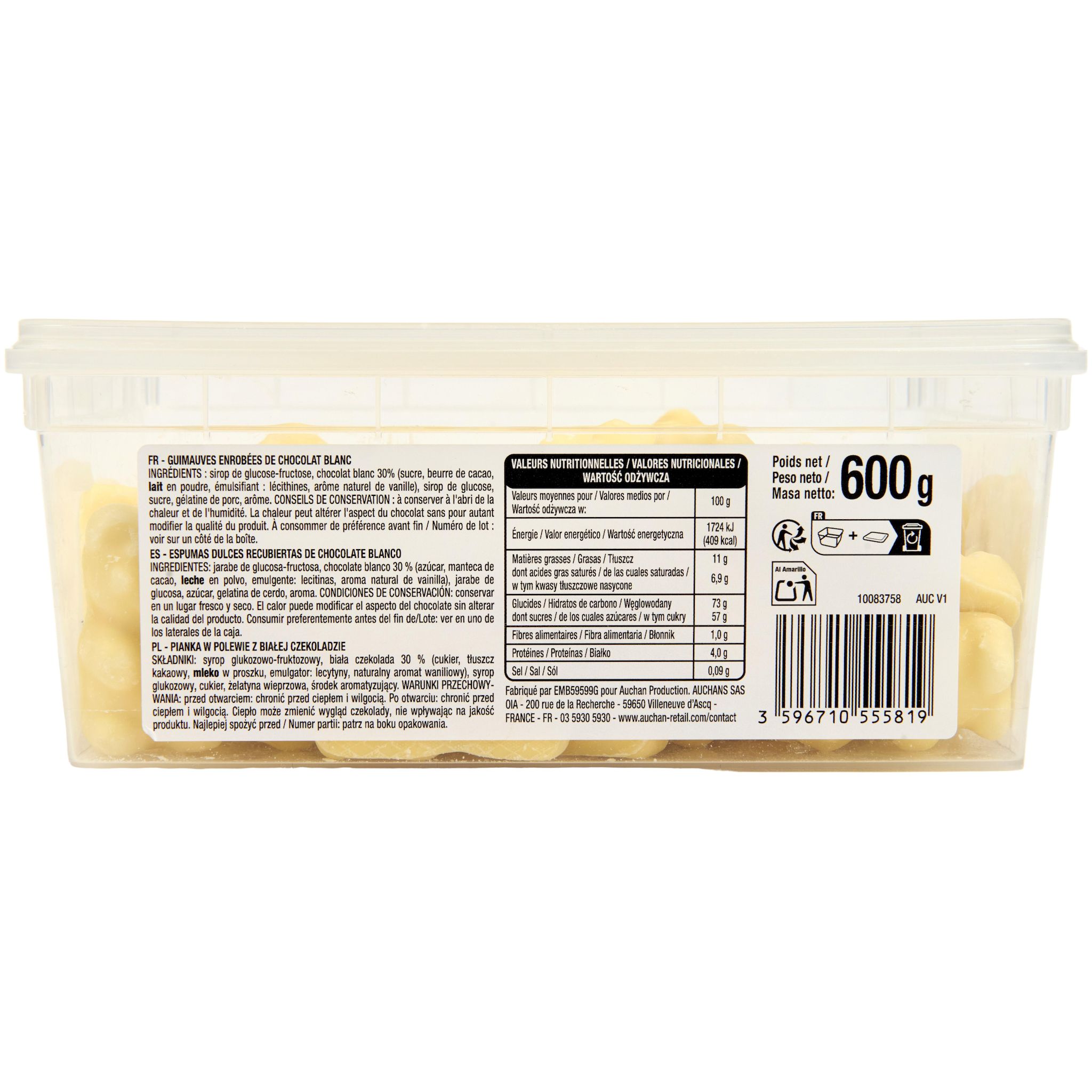 Voir la diapositive 2 : VENDOME Bonbons guimauves enrobées de chocolat blanc 600g