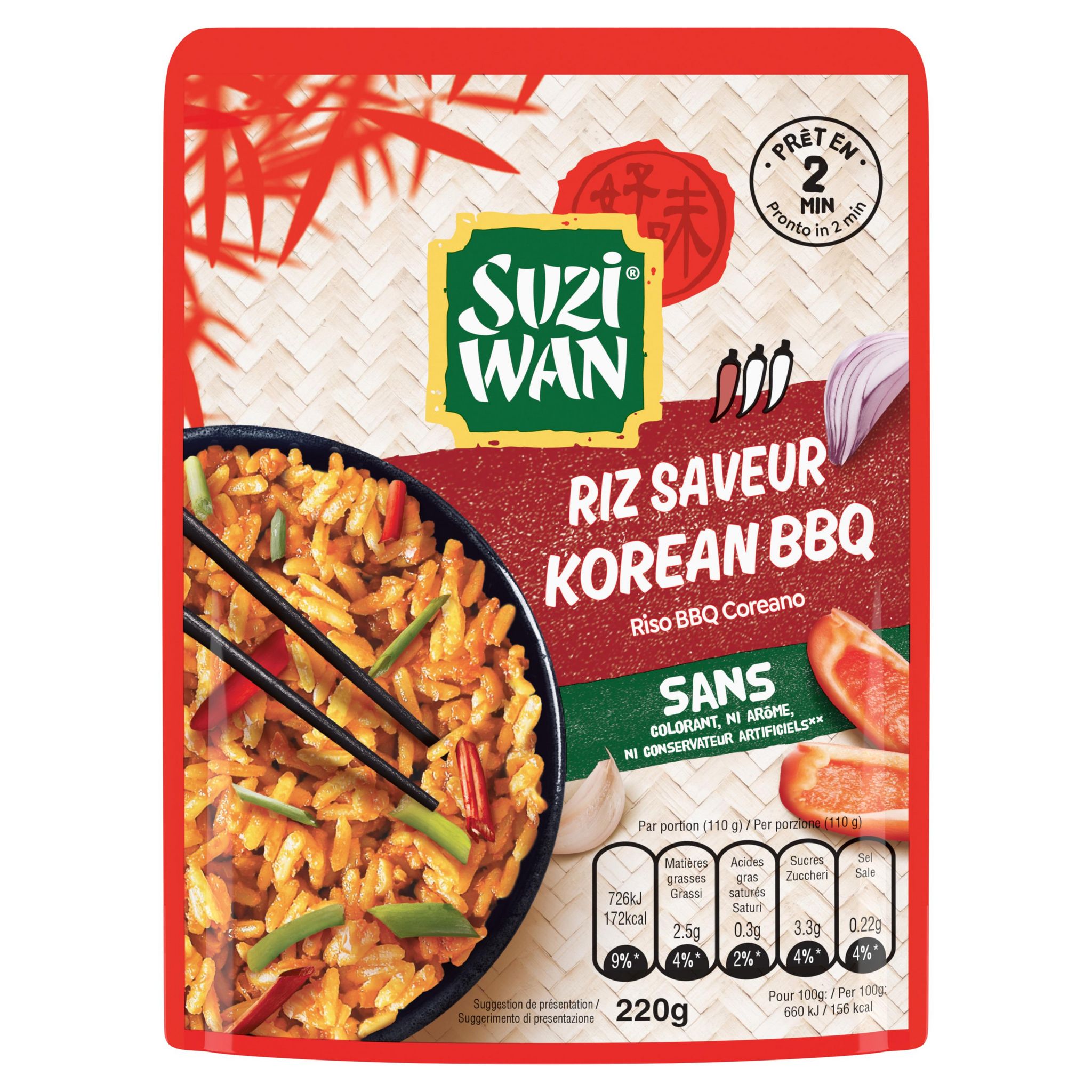 Voir la diapositive 2 : SUZI WAN Riz micro ondable saveur korean bbq 220g