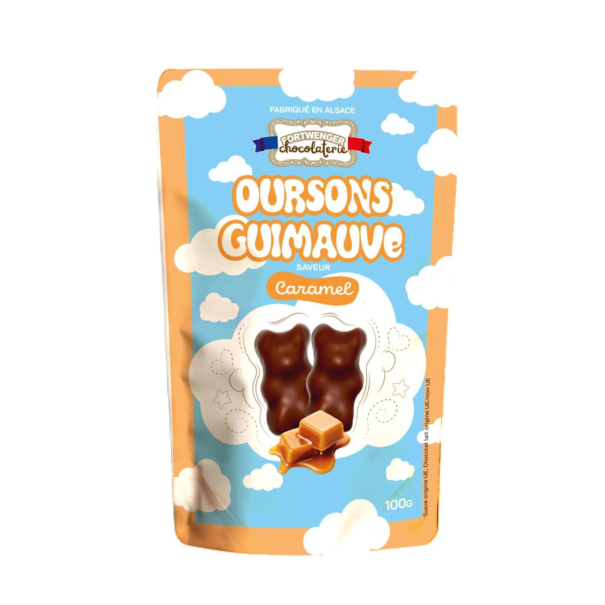FORTWENGER Mini oursons guimauve saveur caramel enrobés de chocolat au lait 100g