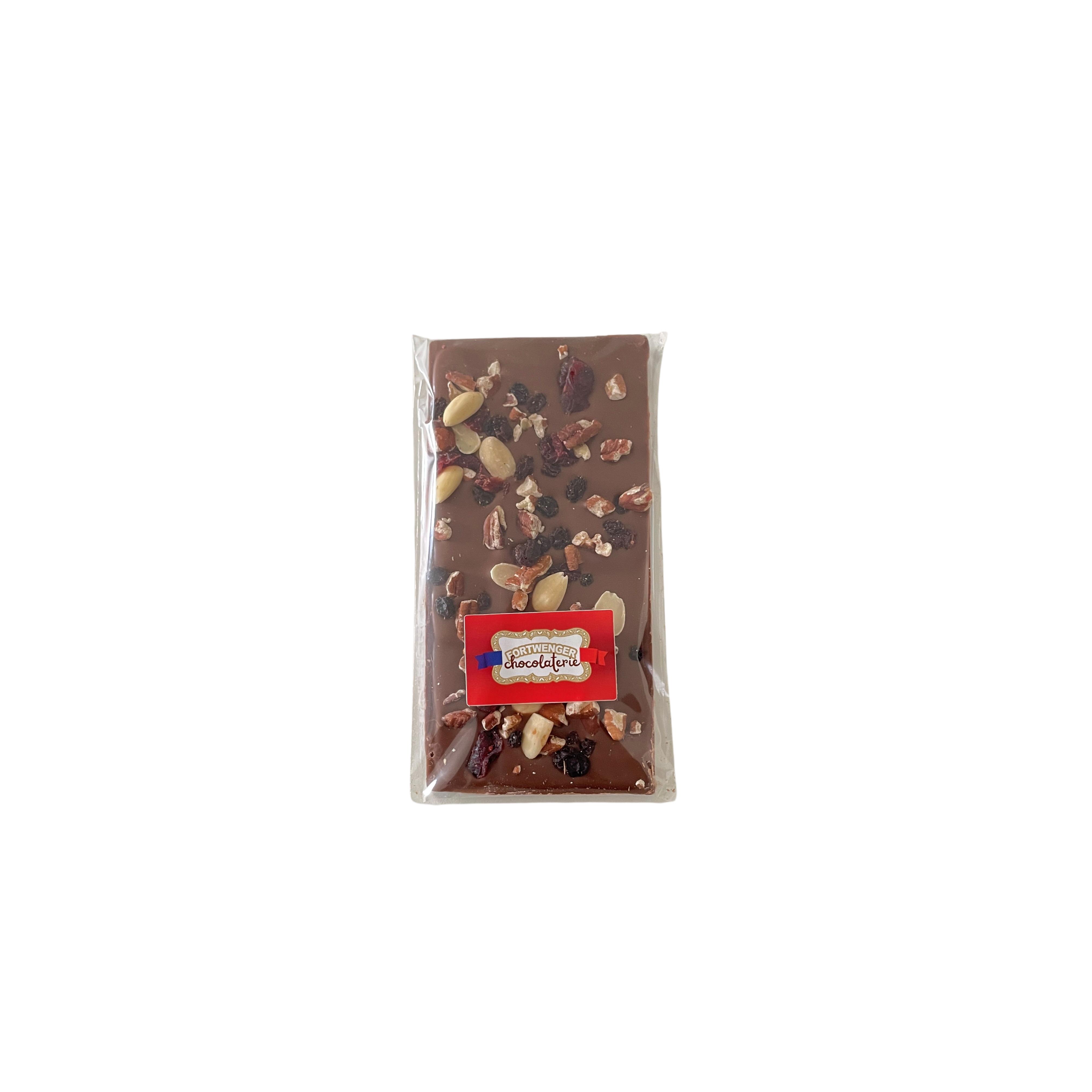 FORTWENGER Tablette de chocolat au lait mendiant décorée de fruits secs et cranberries 100g