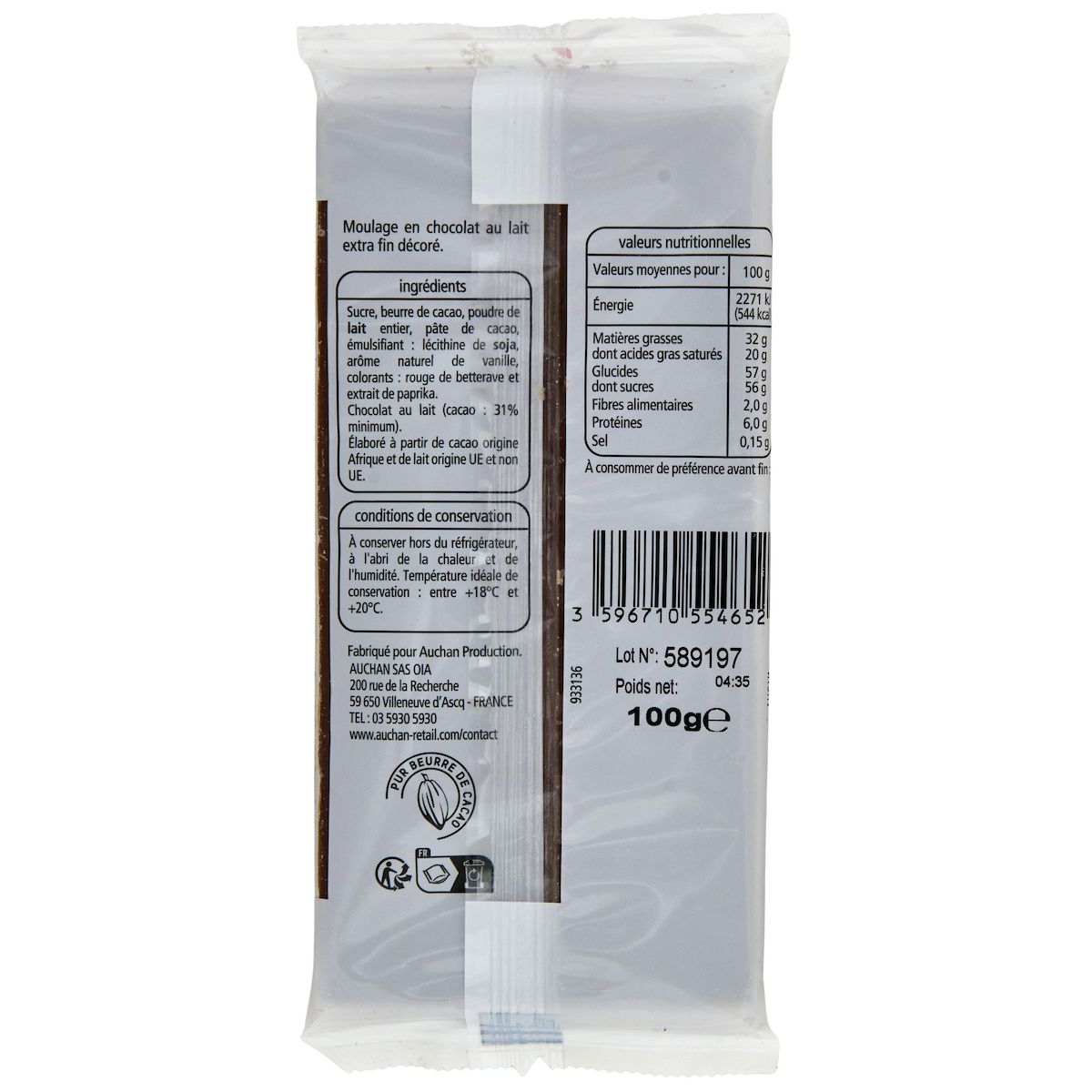 VENDOME Tablette de chocolat au lait décorée ourson de noël 100g