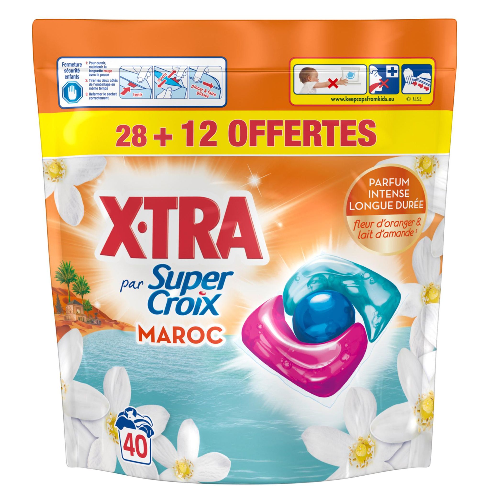 Voir la diapositive 2 : SUPER CROIX X tra Lessive capsules saveur maroc fleur d'oranger et lait d'amande 40 capsules