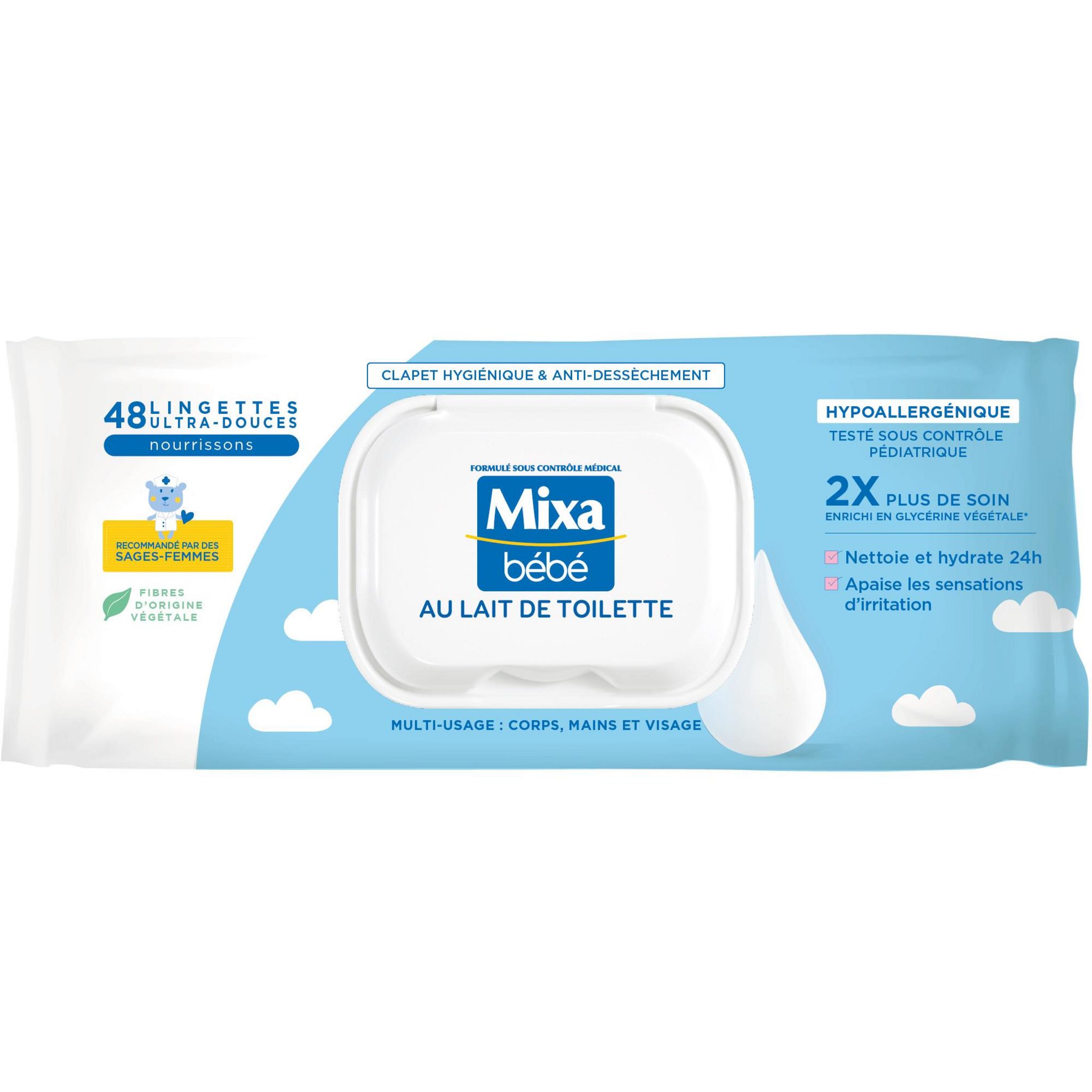 MIXA Lingettes nettoyantes au lait de toilette pour bébé 48 lingettes
