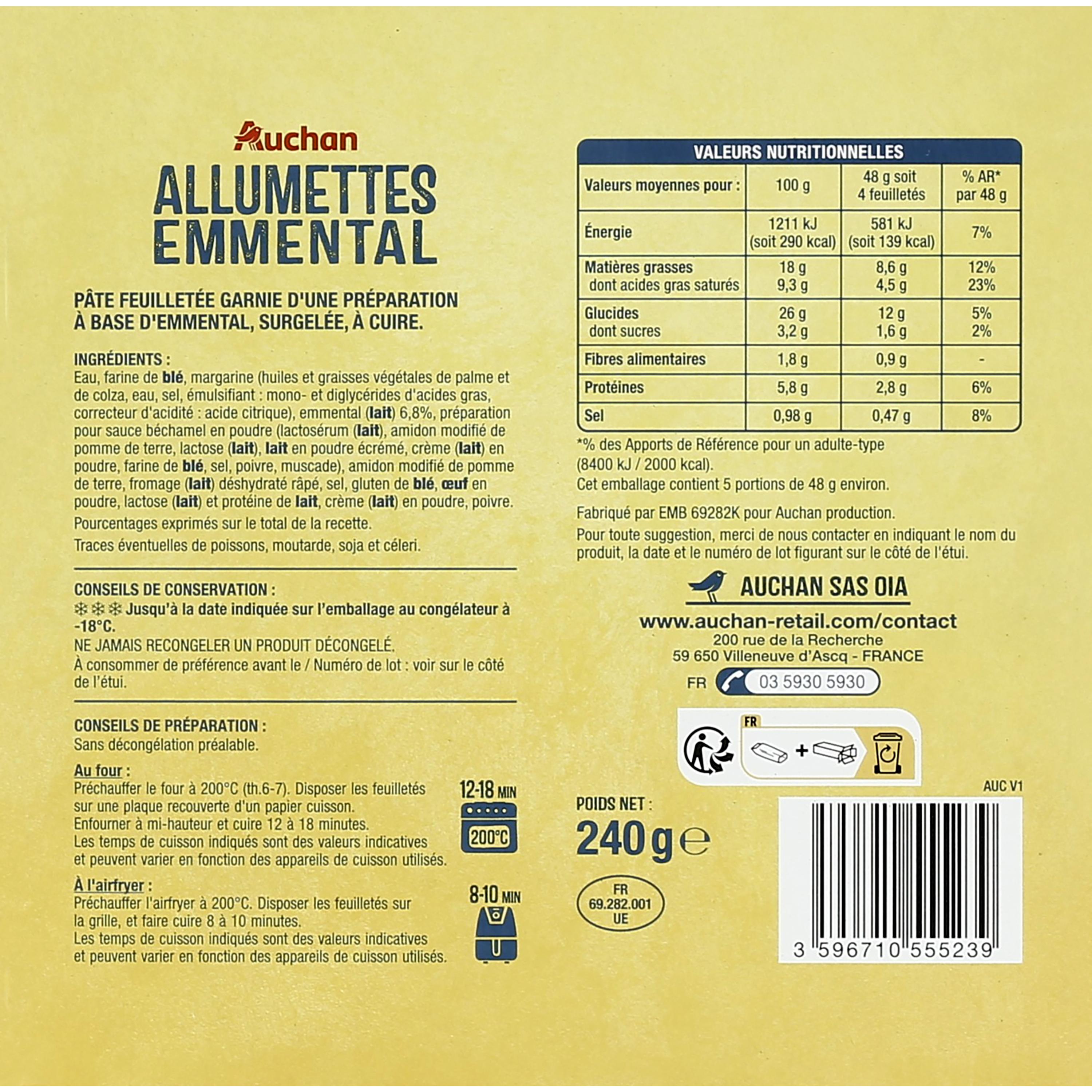 Voir la diapositive 2 : AUCHAN Allumettes feuilletees emmental 240g