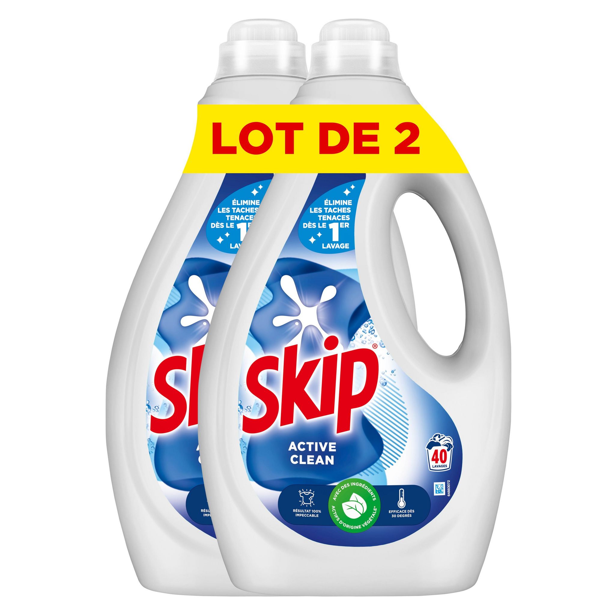 SKIP Lessive liquide active clean efficace à basse température 80 lavages 2x1,68l