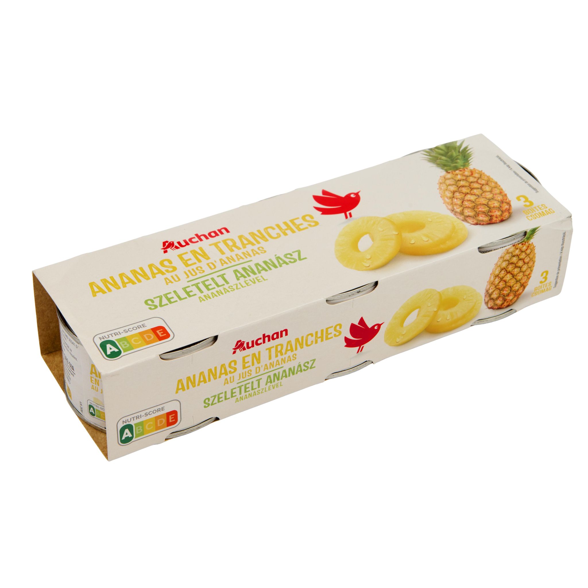 Voir la diapositive 2 : AUCHAN Ananas en tranches au jus d'ananas 3x140g