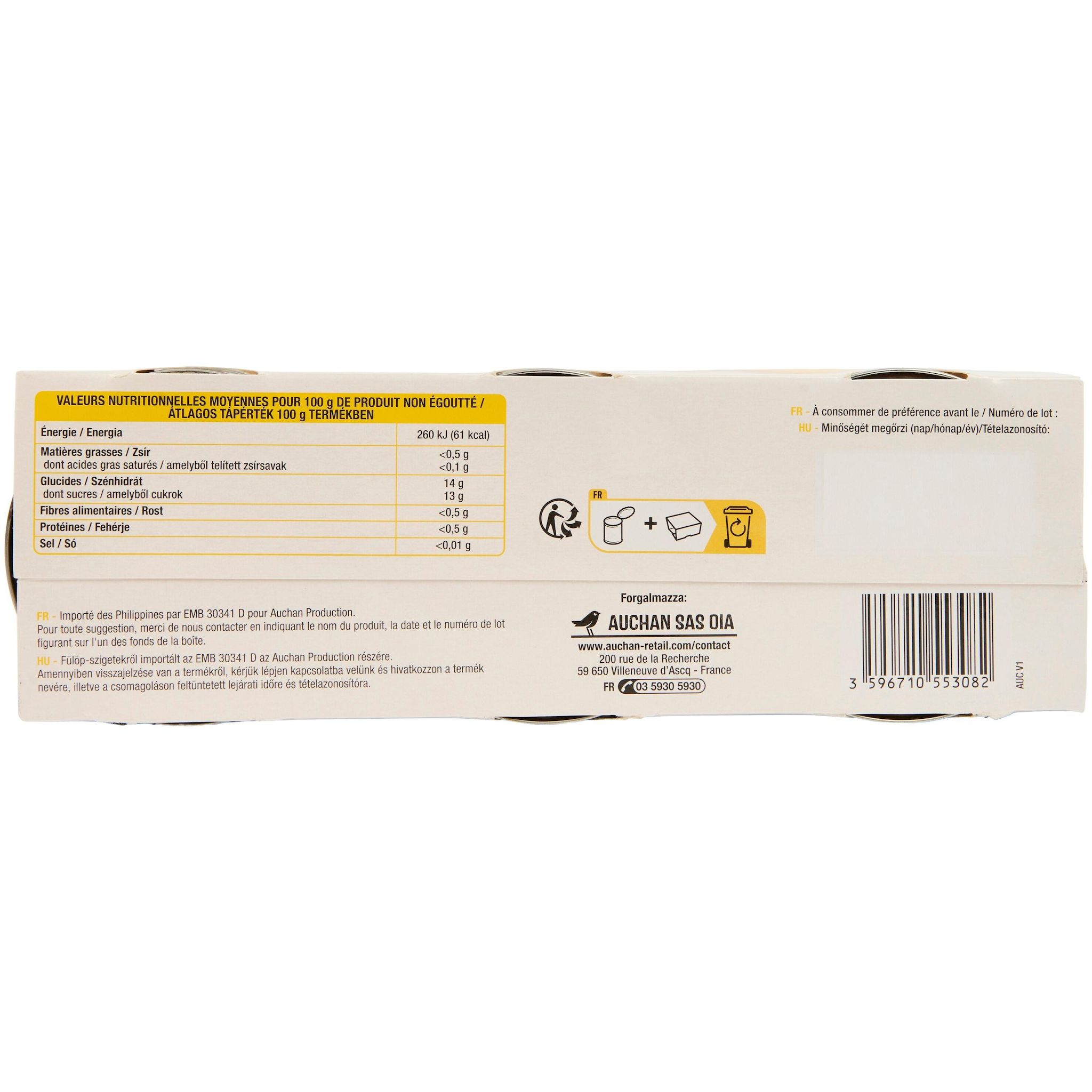 Voir la diapositive 3 : AUCHAN Ananas en tranches au jus d'ananas 3x140g